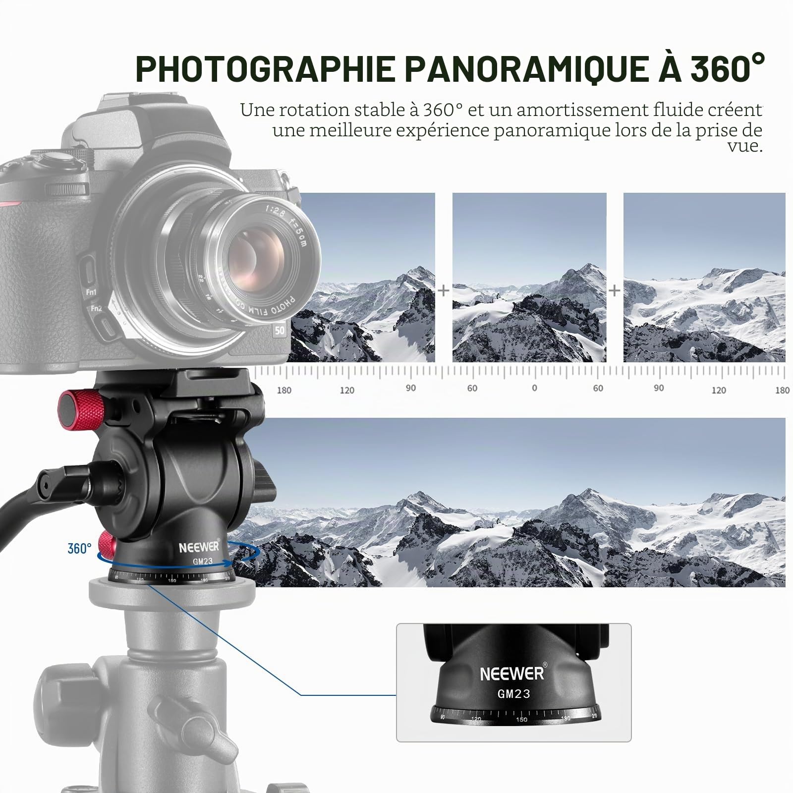 NEEWER Tête de Trépied Fluide GM23, Tête Inclinable Panoramique en Alliage d'Aluminium 43mm, Base Graduée, Charge Max 3kg, pour Caméscope Compact DSLR
