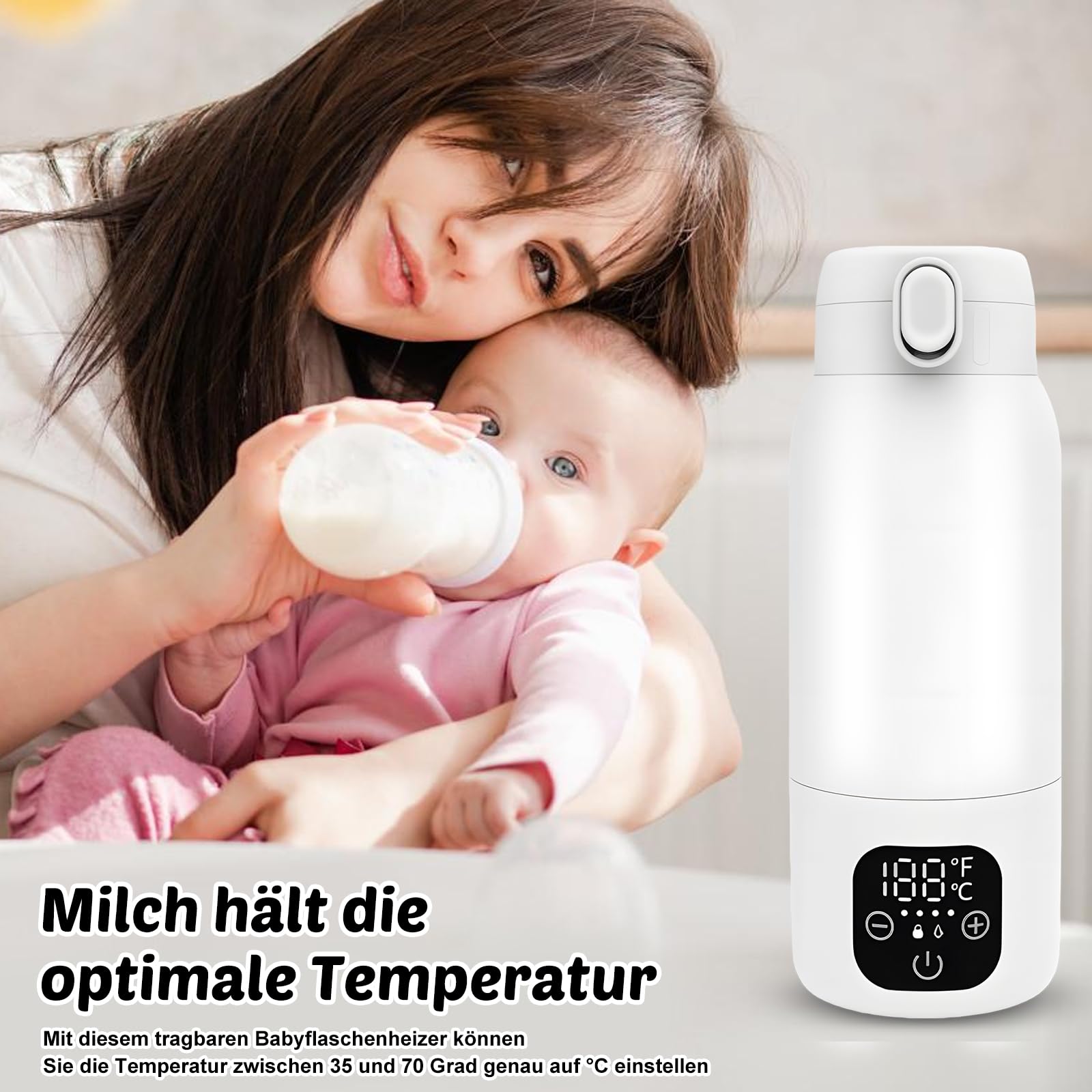 Scalda biberon portatile per bambini in viaggio, thermos a batteria da 500 ml, regolabile da 35 a 70 °C, con USB-C, riscaldamento rapido da 100 W, per auto, viaggi, latte materno e acqua