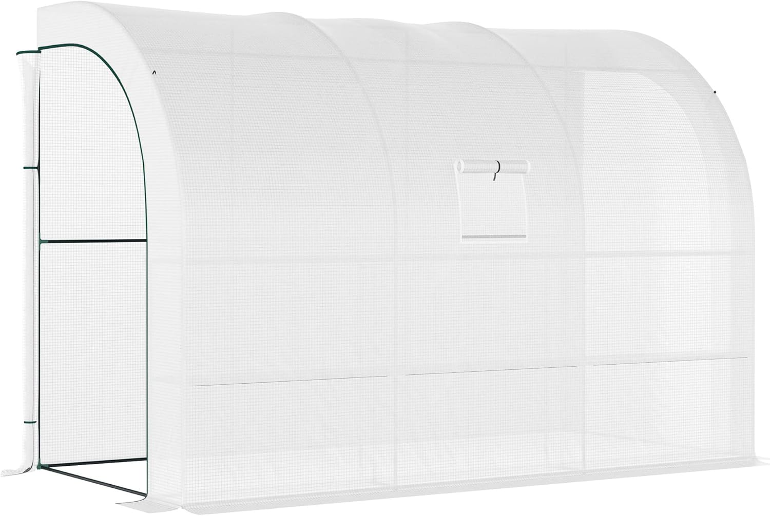 Outsunny 10' x 5' x 7' Lean to Greenhouse, Walk-in Green House, Plant Nursery with 2 Roll-up Doors and Windows, PE Cover and 3 Wire Shelves, White