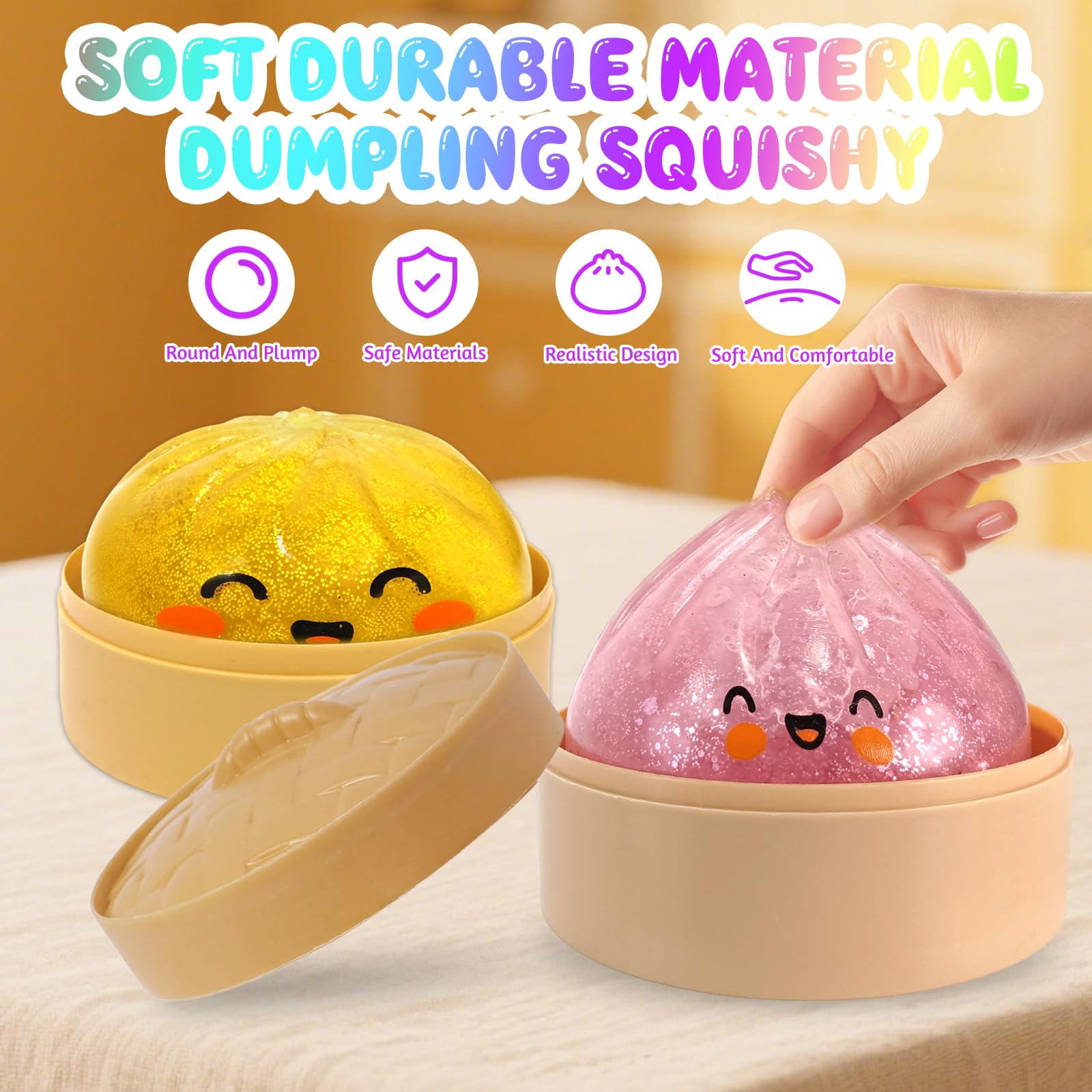 3 Pezzi Glitter Squishy Bao Dumpling + Butter Squishy Set, Giocattolo Sensoriale con Contenitore per Il Vapore, Dumpling Giocattolo Antistress per Alleviare adatto Bambini, Adulti, 25Toys1
