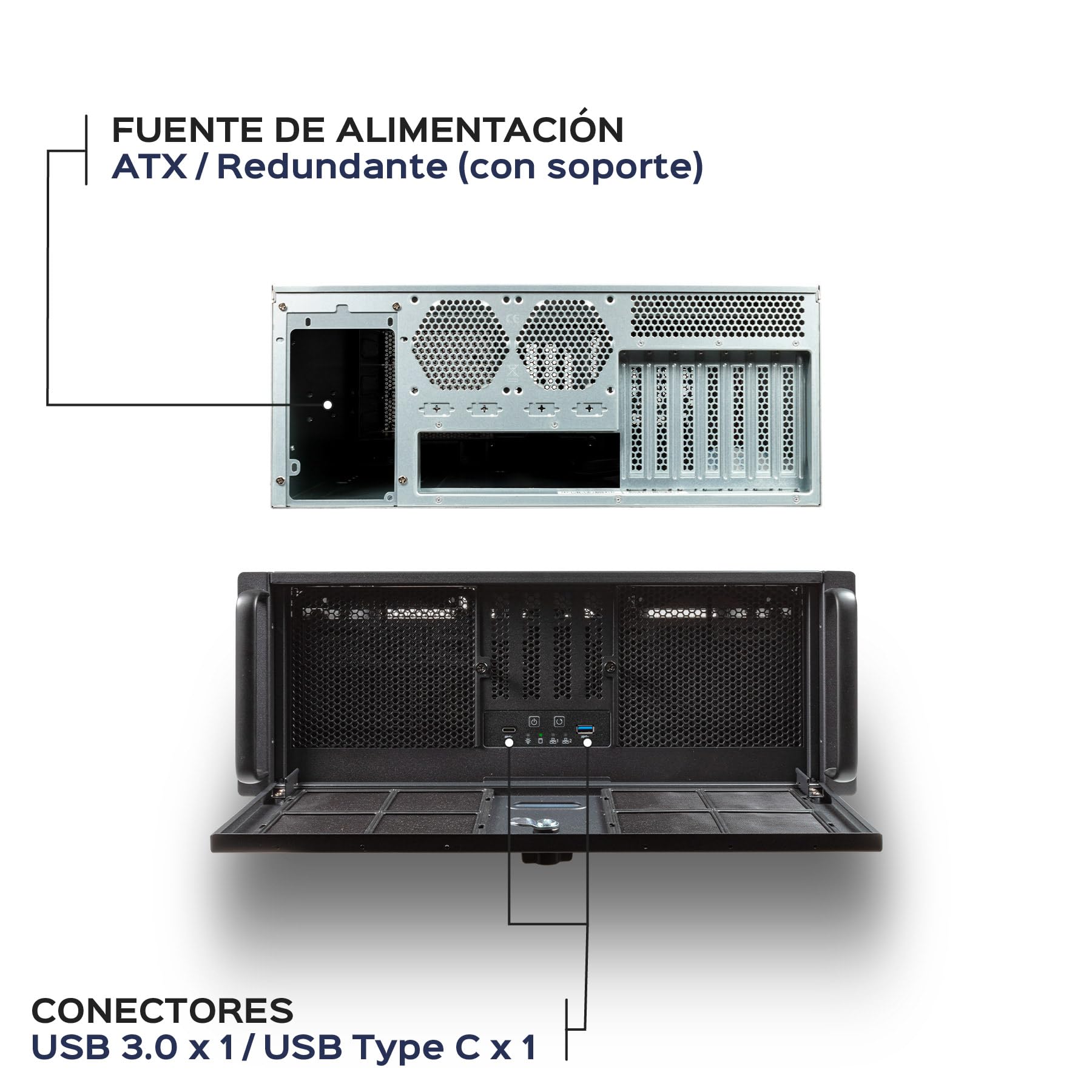 UNYKAch Scatola Rack UK4339V Formato 4U 19", compatibile con refrigerazioni liquide da 360 mm (supporto incluso), chiusura con chiave, 1 USB 3.0, 1 USB Type-C e gambe per posizionarlo in verticale