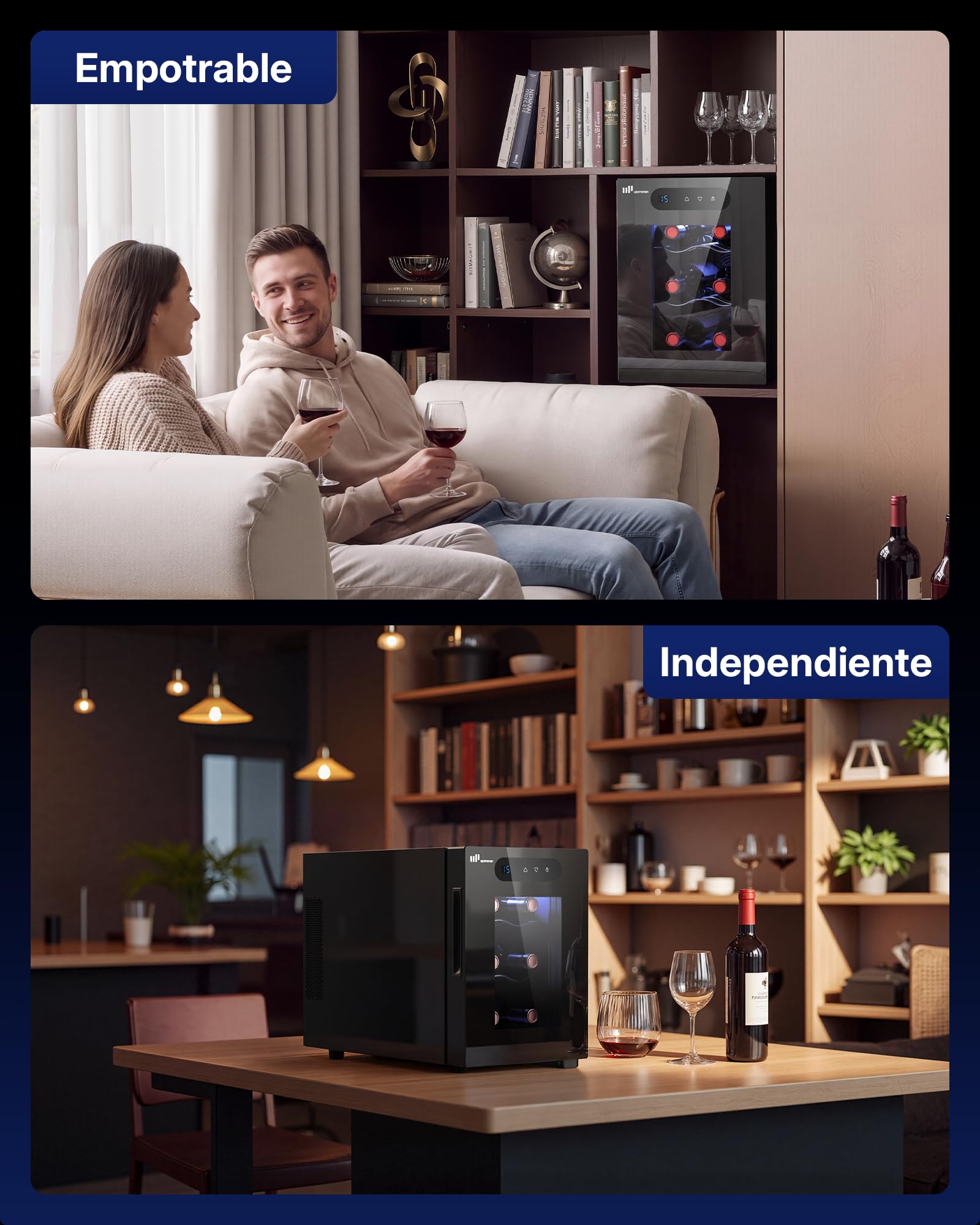 Upstreman Vinoteca para 6 botellas, 5-18 °C ajustable, pantalla táctil digital, silenciosa, doble cristal térmico anti-UV, iluminación LED | 5-18 °C ajustable, pantalla táctil digital, silenciosa, doble cristal térmico anti-UV, iluminación LED