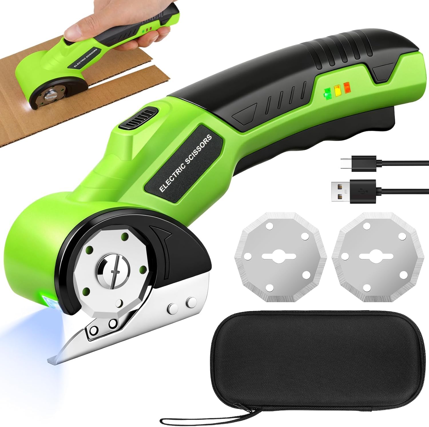 TICFOX Cordless Electric Scissor, 4.2V Cardboard Cutter with Safety Lock and LED Light, Rechargeable Rotary Cutter with 2000 mAh Battery and 2 Blades for Paper, Cardboard, Carpet, Leather