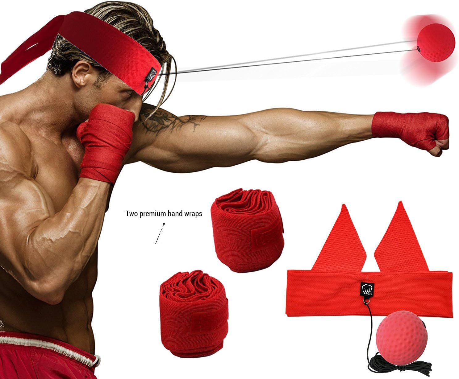 Boxing Reflex Ball - Speed Trainer Ball Headband + Premium Hand Wraps for Reflex Speed Training Boxing Punch Exercise Training to Improve Reactions and Speed,Boxing Gym Equipment for Both Training,Fitness ,MMA and Punching