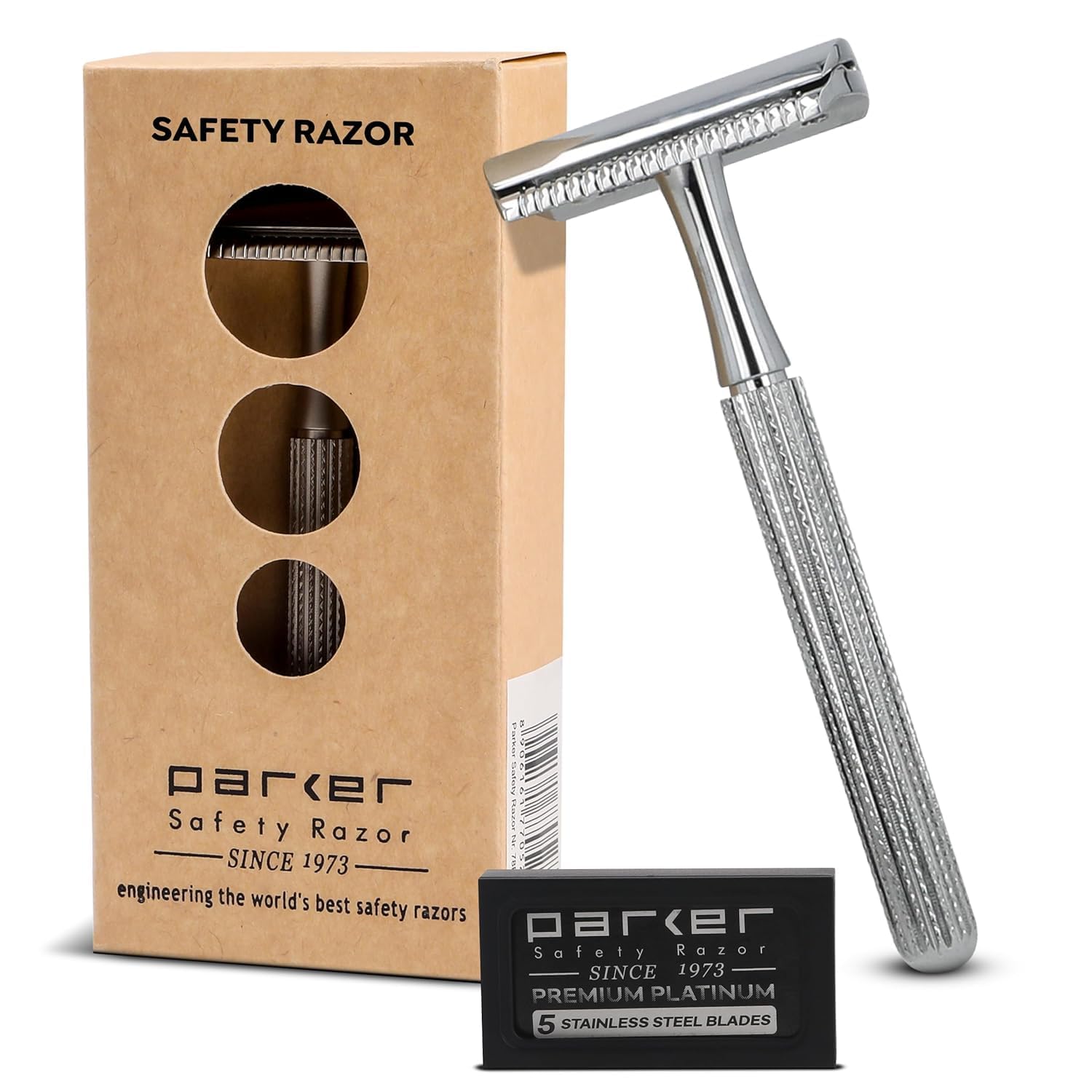 PARKER Safety Razor Unisex Model 78R 3-Piece Closed Comb Safety Razor With 5 Parker Platinum Blades Included (High Luster Chrome)-image-1