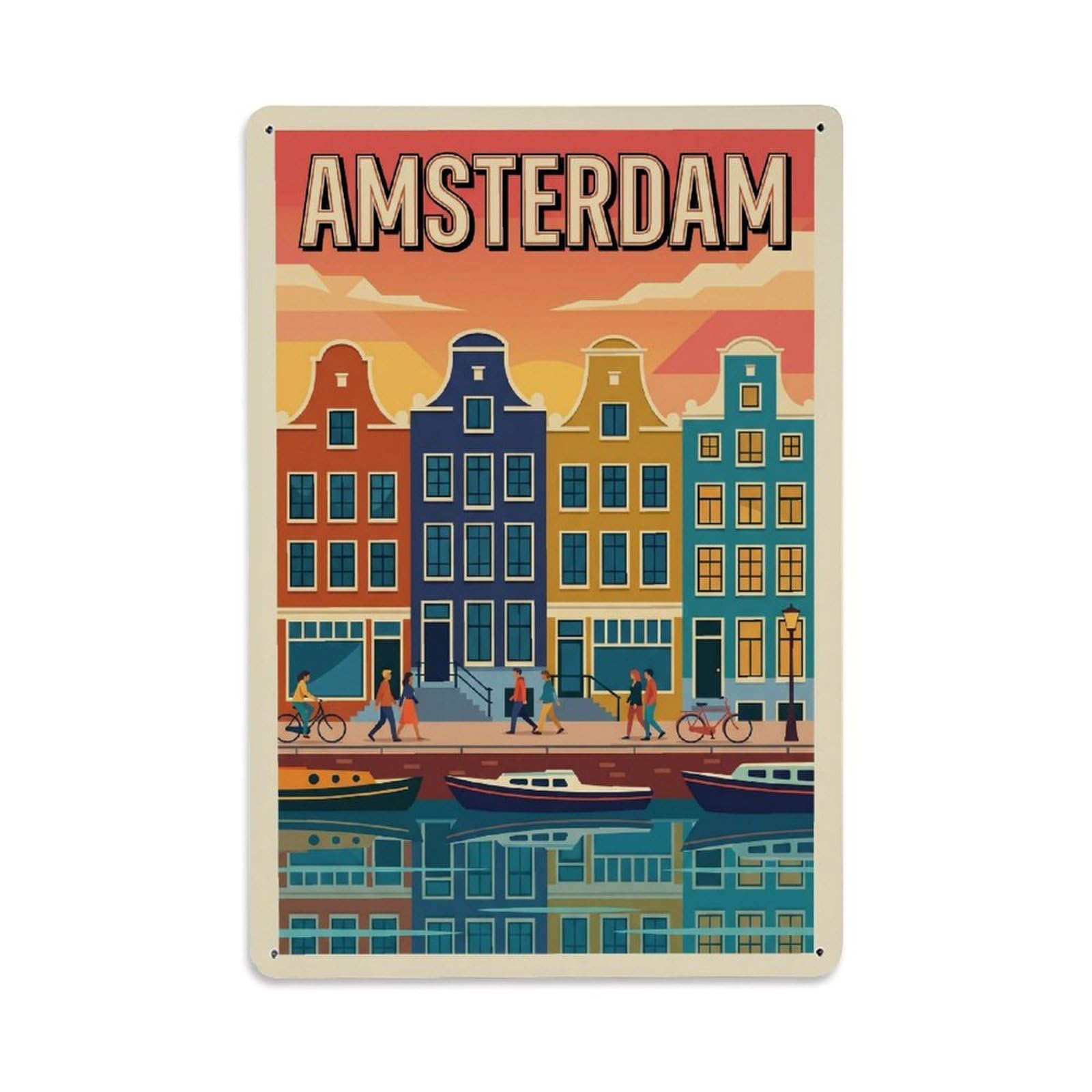 Okngb Style Canal Promenade Amsterdam Dutch Retro City Travel Urban Metal Tin Sign Plaque Wall Decor For Cafe, Man Cave, Club Bar, Office, Home Garden Round Metal Poster 8X12inch