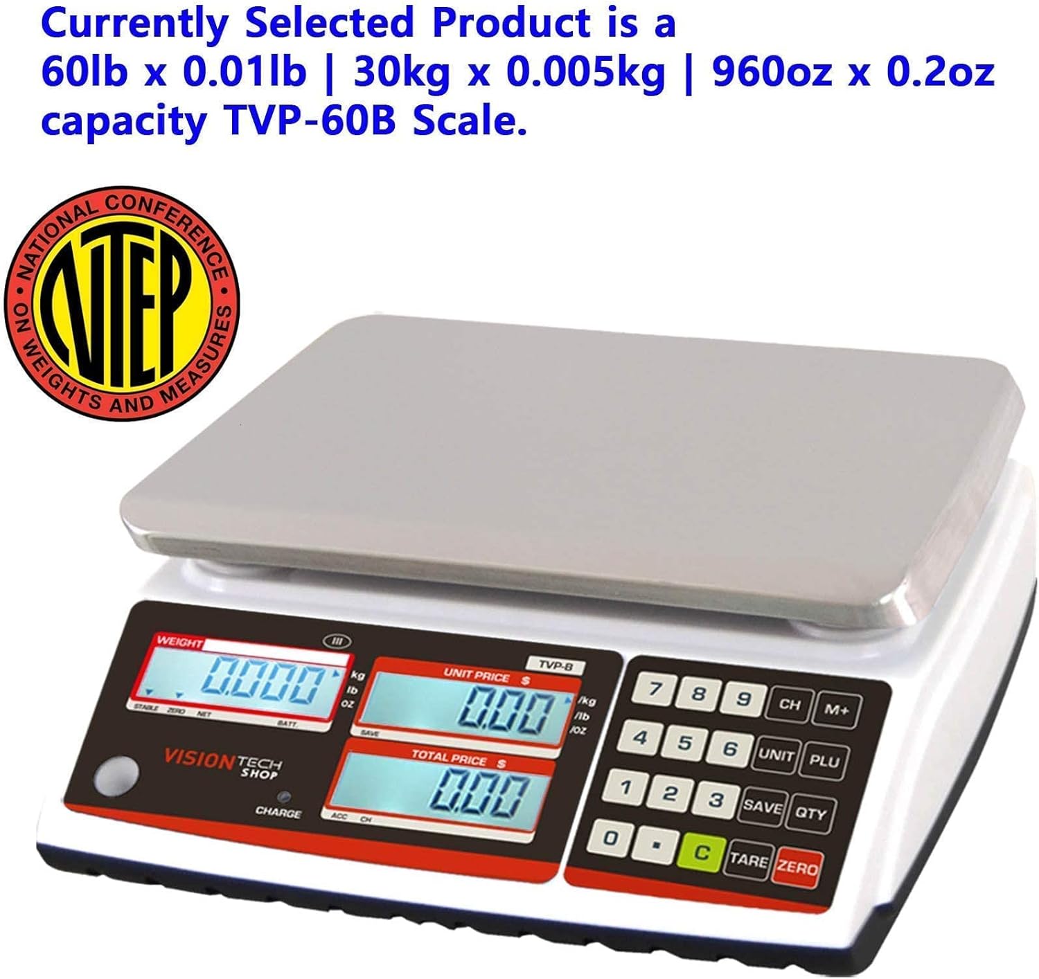 New Deal VisionTechShop TVP-60B Price Computing Scale, Lb/Oz/Kg Switchable, 60lb Capacity, 0.01lb Readability, NTEP Legal for Trade COC #19-038