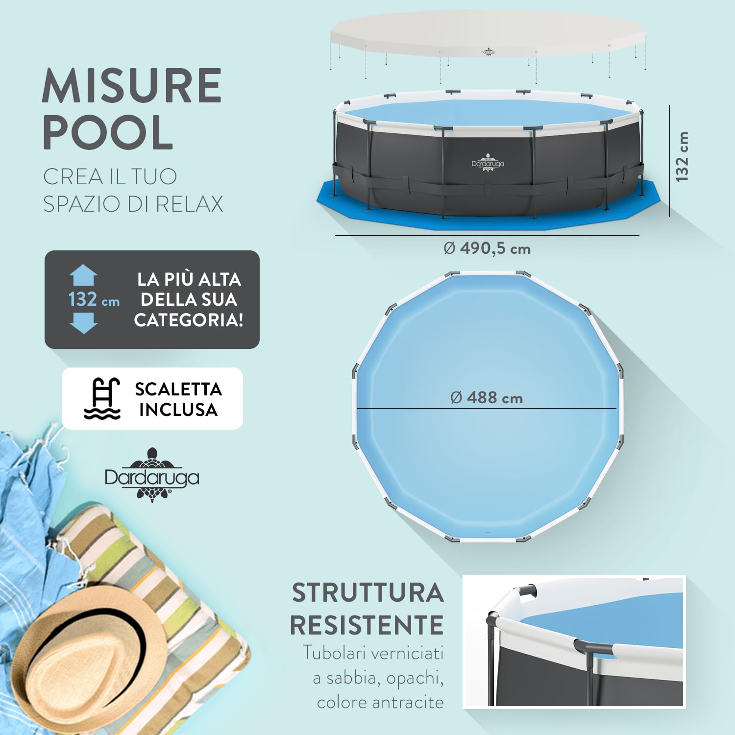 Piscina Fuori Terra Dardaruga Ø 488 x 132 cm | Mod. MAUI (2026) | Marchio Italiano | Scala + Copertura + Telo Base + Pompa Filtro Energy Saver | Materiali PREMIUM | Garanzia e Assistenza ITALIA