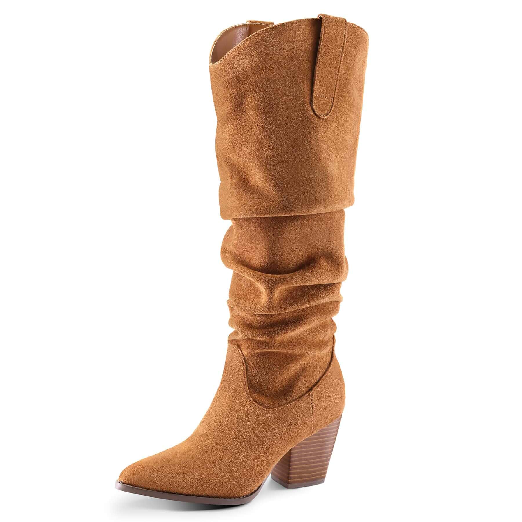 mysoft Women's Knee High Boots Slouchy Pointed Toe Cowboy Western Boots Cowgirl,Tall Boots,Comfortable Chunky Block Heel,Pull On,Side Zipper,Suede,Rubber,Dresses,Jeans,Leggings,Fall Winter,Retro