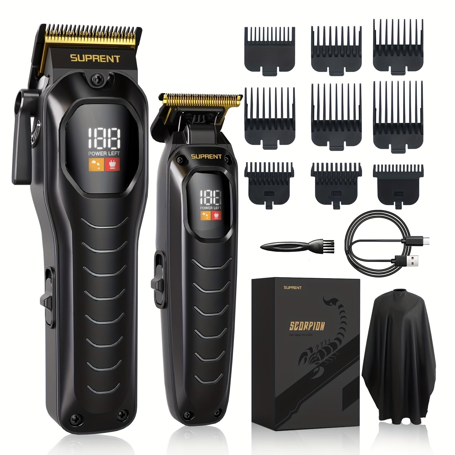 SUPRENT Cordless Hair Clippers for Men - Professional Hair Clipper & Trimmer Set, Wireless Hair Cutting Kit for Family, Rechargeable Cordless Hair & Beard Trimming Set for Men with LED Display (Black)