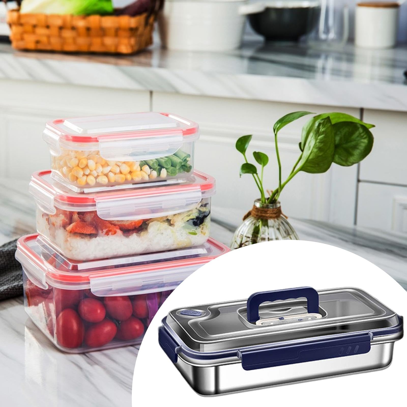 Lonchera Caja de Almuerzo Recipiente Hermético Acero Inoxidable de Gran Capacidad Apilable Portátil para Picnic Oficina Camping Escuela Viaje, 2400 Ml