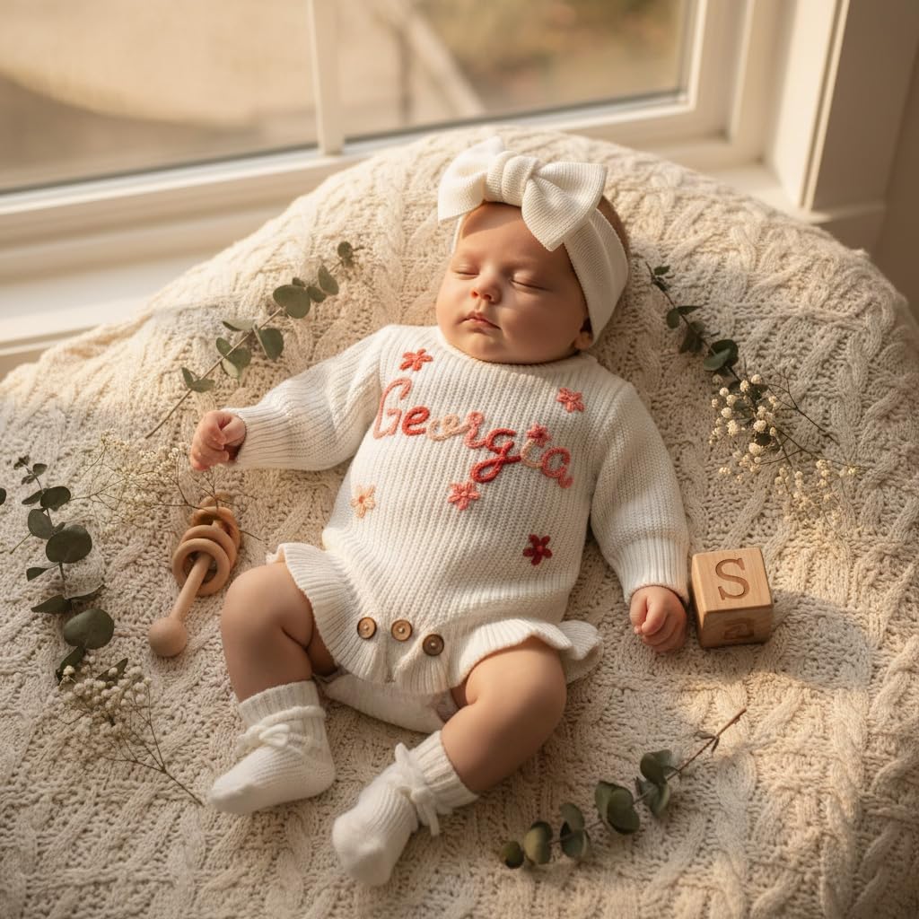 Personalized Embroidered Baby Romper, Custom Name Newborn Knit Sweater Onesie, Warm Fall Winter Cotton Outfit for Baby Girl Boy, Ideal Birthday Baby Shower Coming Home Gift