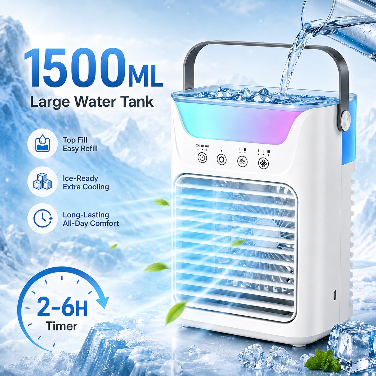 Aire acondicionado portátil, ventilador de hielo portátil 4 en 1 actualizado 2026 con 3 velocidades y 2 niebla fría ultrasilencioso, 3 temporizadores y 7 luces, ventilador evaporativo para habitación