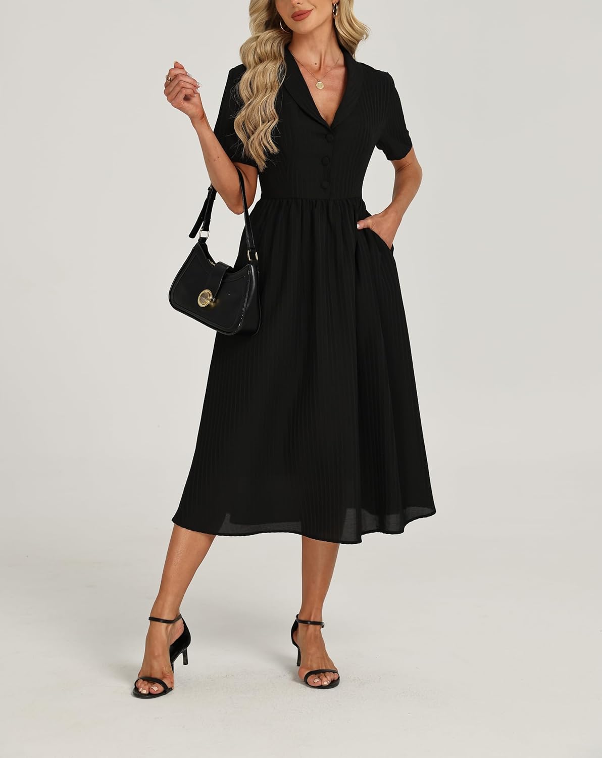 Ladyful Women's Short Sleeve Elegant Midi Dress Collared V Neck Button Up Shirt Dress A Line Formal Long Dress - Image 3