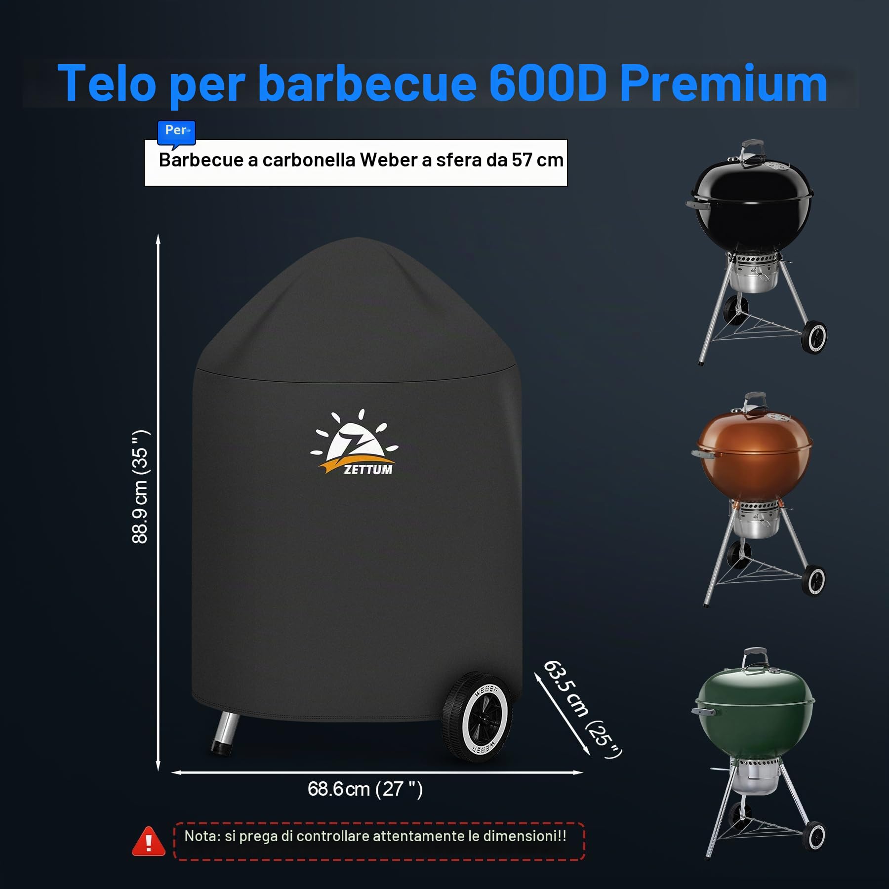 Zettum Copertura Barbecue per Weber 57 cm, Copri da Esterno BBQ Impermeabile, Telo Protettivo Carbone 600D Oxford in PU per Master Touch, Griglia Originale per Bollitore (Φ63 x 88 cm)