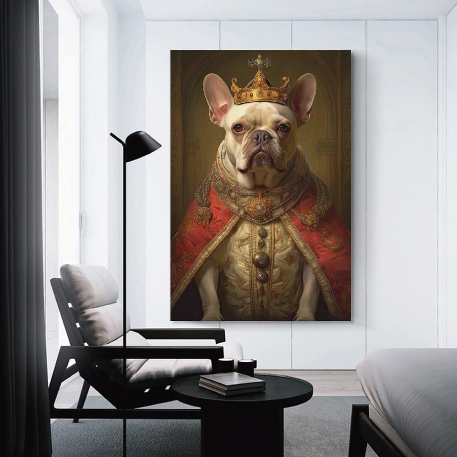 Junmoney Canvas Wall Art Cream French Bulldog King, 24x36inch(60x90cm), for New Homes, Bedrooms Or Workspaces, Canvas Artwork with Gifting Potential
