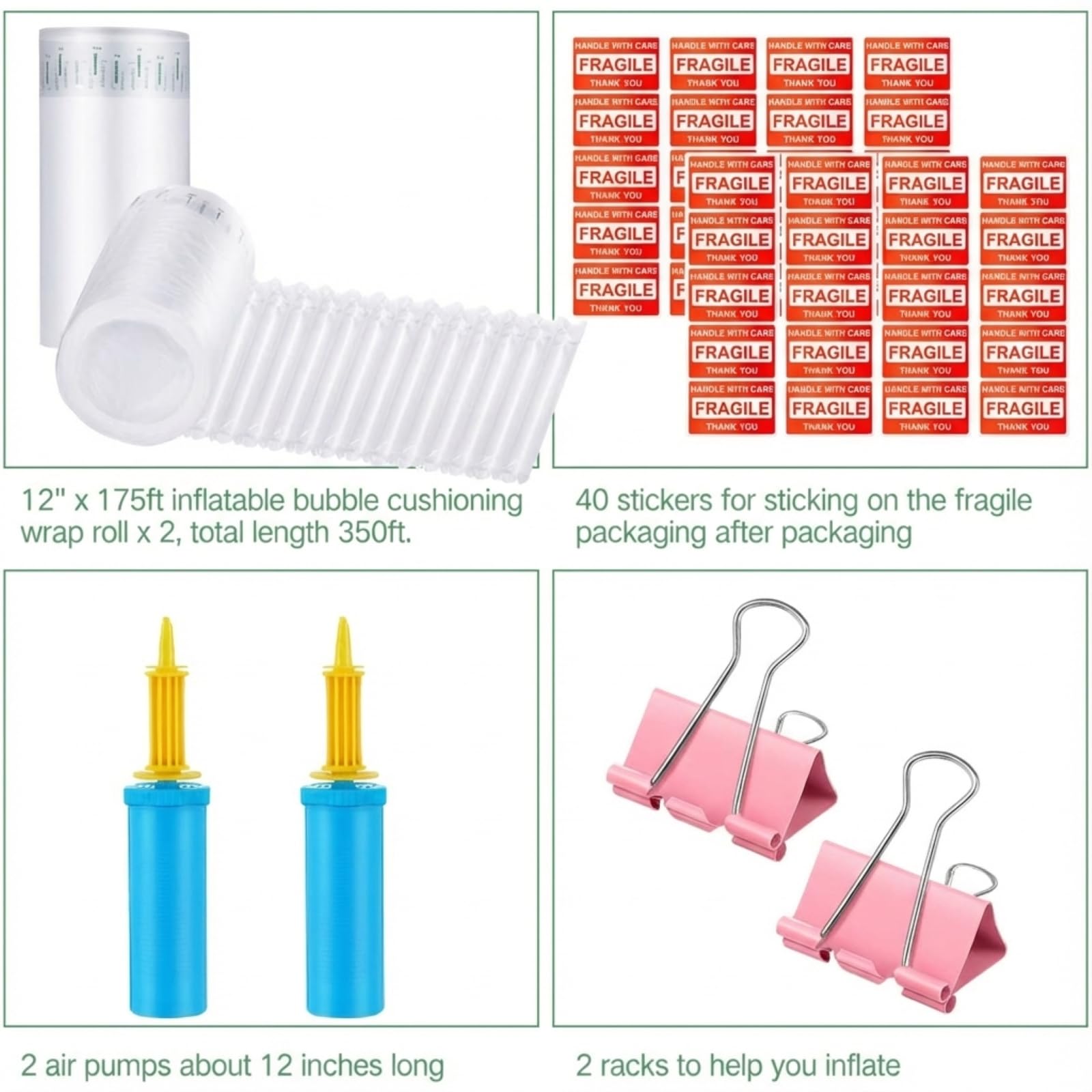 PerKoop Coussins d'air gonflables de 30,5 cm x 107,5 m pour expédition de grandes bulles avec pompe à bulles et autocollants fragiles pour une protection en déplacement robuste