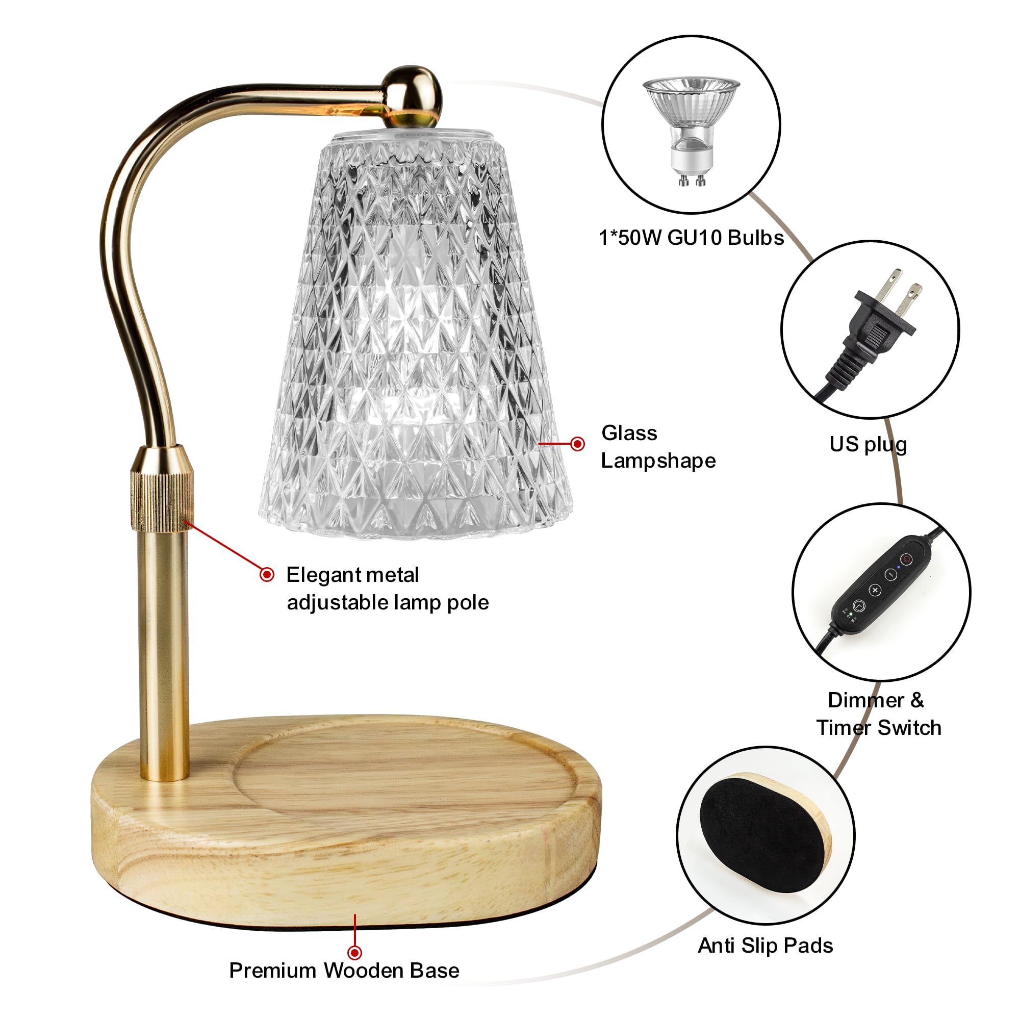 Candle Warmer Lamp, Candle Warmer Lamp with Timer,Dimmable Candle Warmer with 1 Bulbs 50W GU10 Adjustable Height, Candle Lamp Warmer for Home,Office Decoration,Etc.