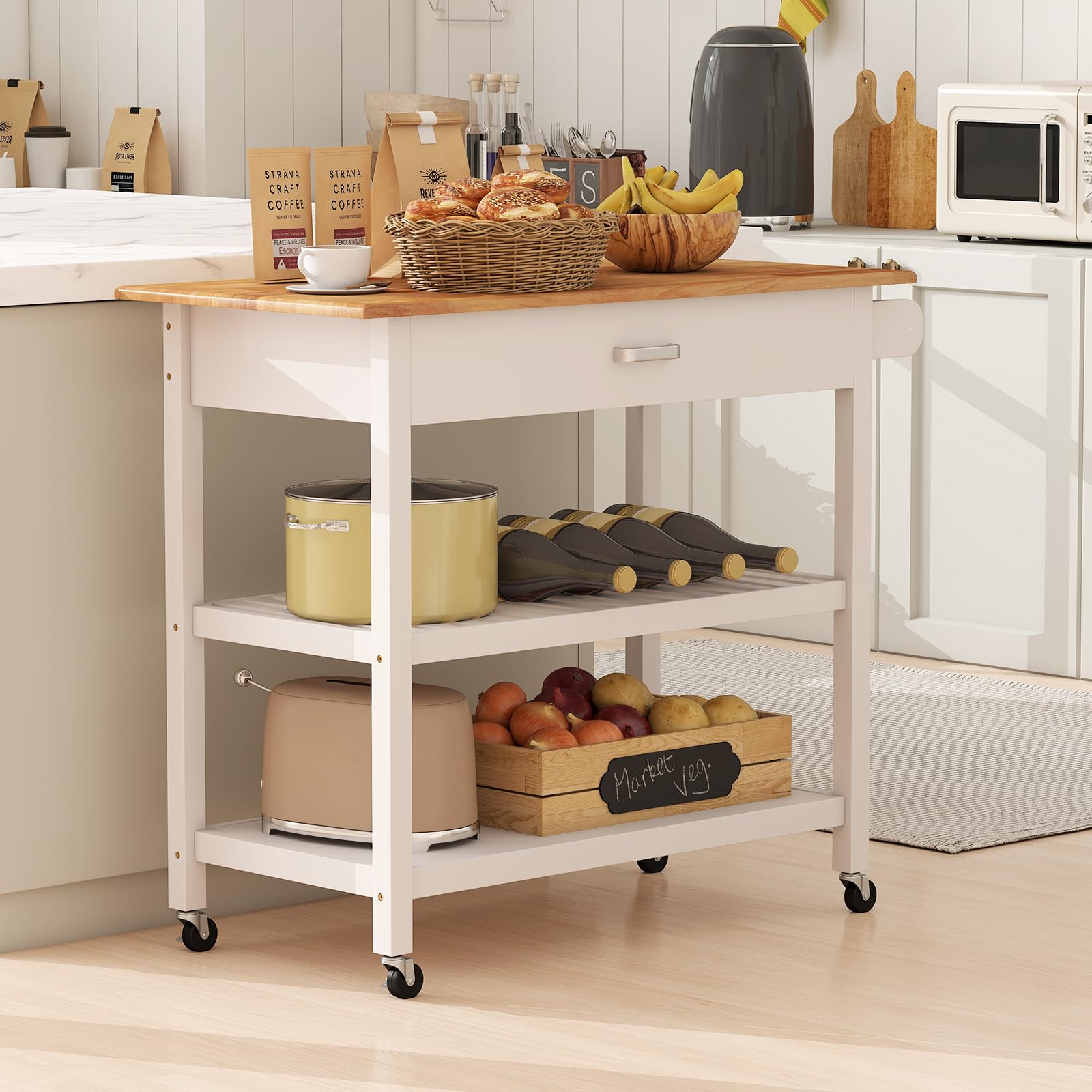 RELAX4LIFE Carrello di Servizio a 3 Livelli con Piano in Legno, Cassetto con Maniglia, 2 Ripiani Aperti, Ruote con Freni, Porta Asciugamani, Isola di Cucina