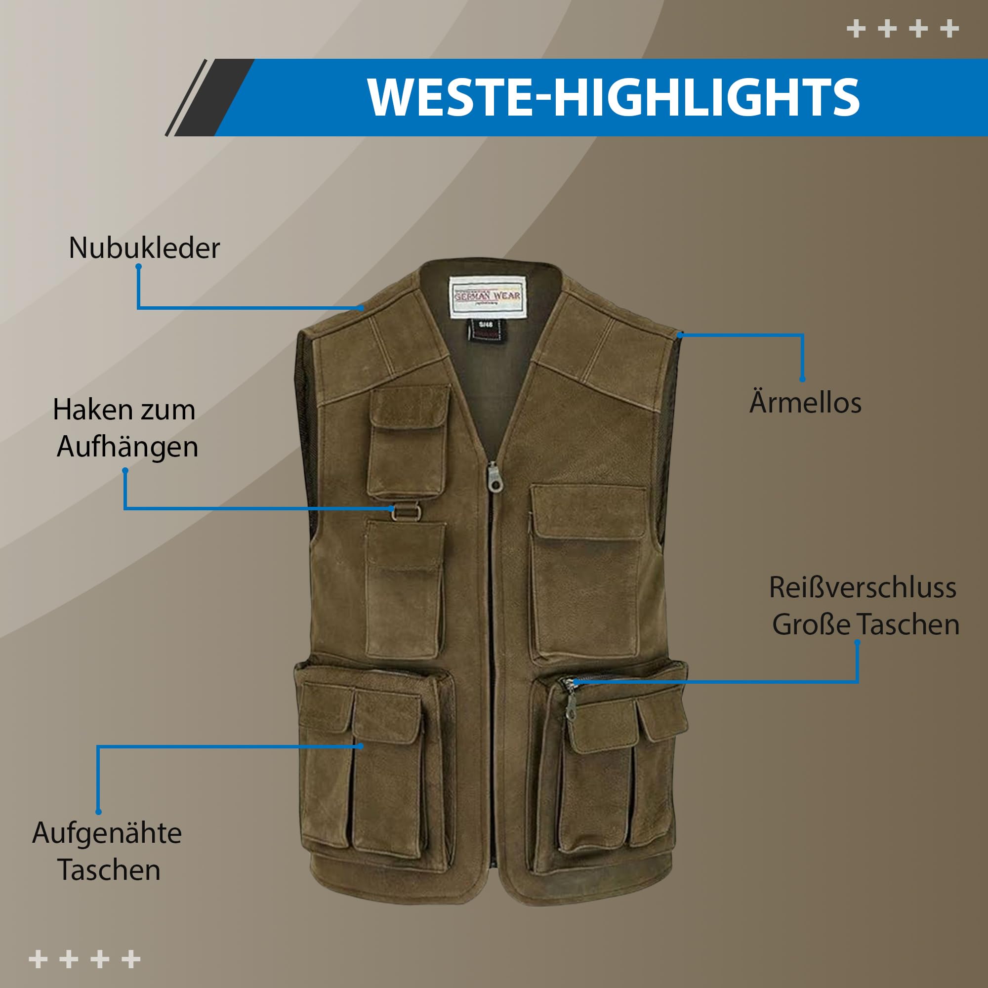 German Wear Jagd Lederweste Jagdweste Angelweste Angler Weste Jägerweste