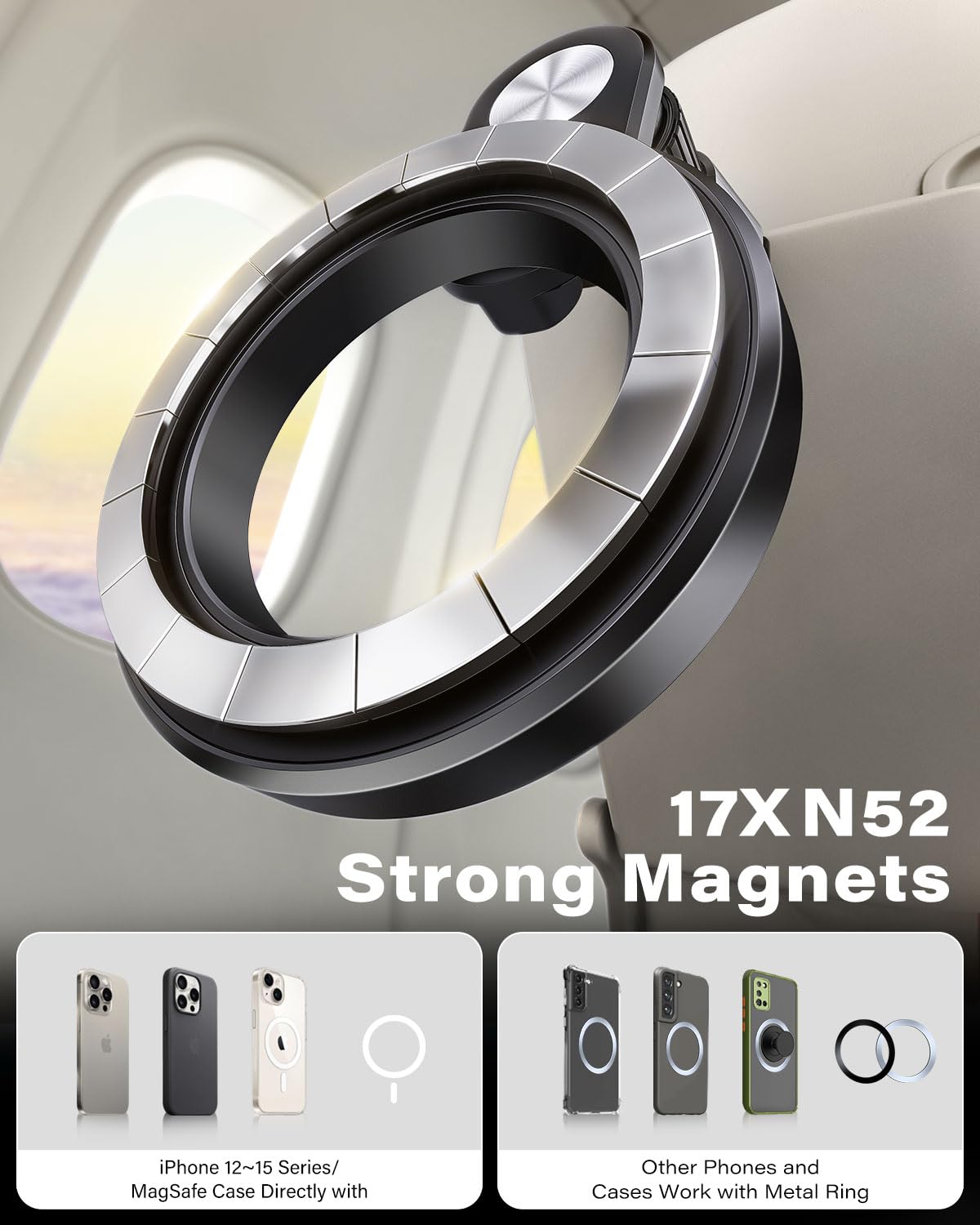 OQTIQ Uchwyt na telefon do samolotu MagSafe, Travel Essentials uchwyt na telefon z obrotem pod wieloma kątami, podróżny niezbędny do latania, pasuje do iPhone'a 12, 13, 14, 15 i Popsocket