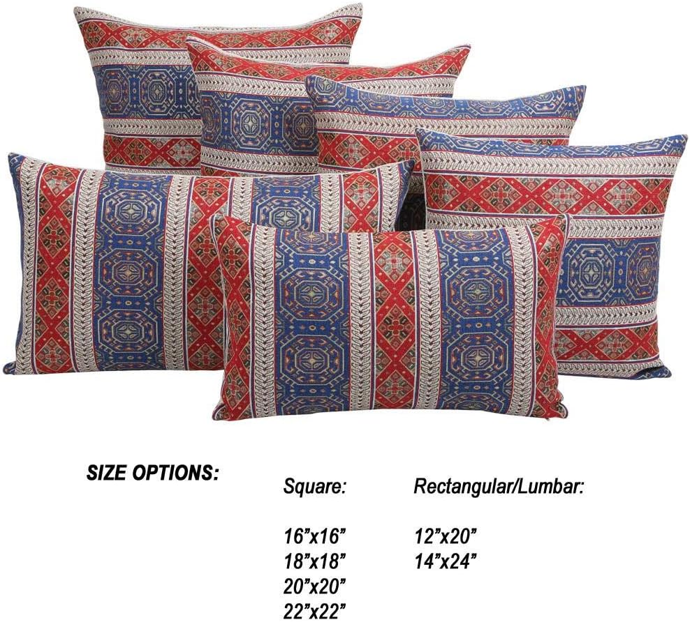 Large Kilim Throw Pillow Covers Red and Blue - 22 x 22 Inches Decorative Pillows, Boho Room Decor for Couch, Bohemian Outdoor Case for Farmhouse, Moroccan Pattern, Southwestern