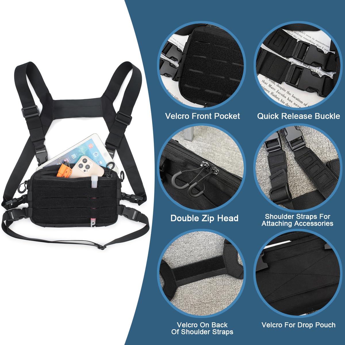 MUCHER Klatka piersiowa Rig Pack Taktyczna torba na klatkę piersiową dla mężczyzn do biegania Radio Walkie Torba na klatkę piersiową z 3 haczykami na zewnątrz Piesze wycieczki Polowanie Camping