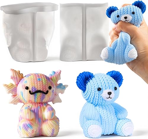 LET'S RESIN Moldes de oso y ajolote para Taba Squishy, bonitos moldes de silicona con textura de ganchillo, molde grueso y flexible para crear