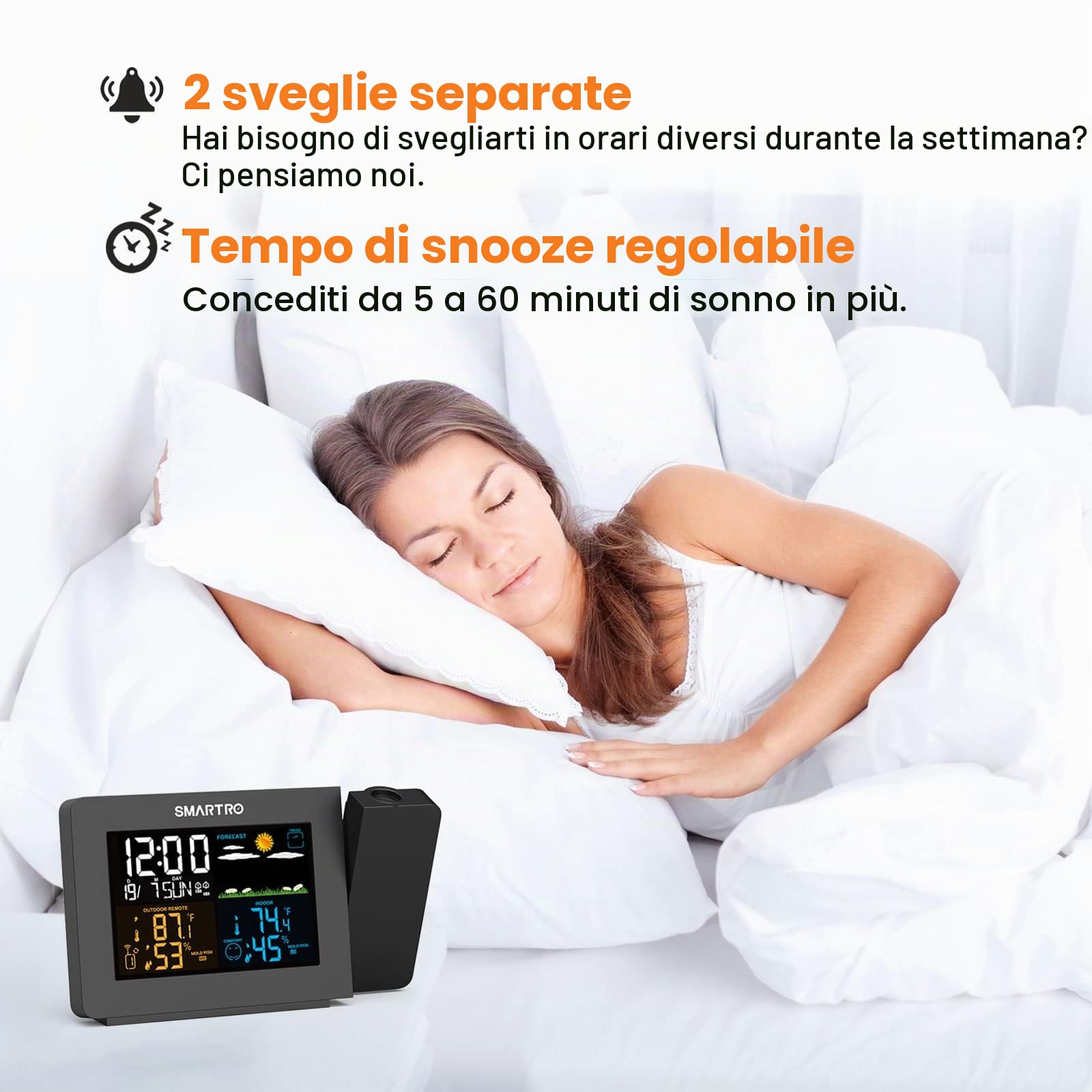 SMARTRO SC91 Sveglia a Proiezione per Camere da Letto con Stazione Meteo, Termometro Wireless da Interno ed Esterno, Controllo della Temperatura dell’Umidità e Igrometro a Manometro