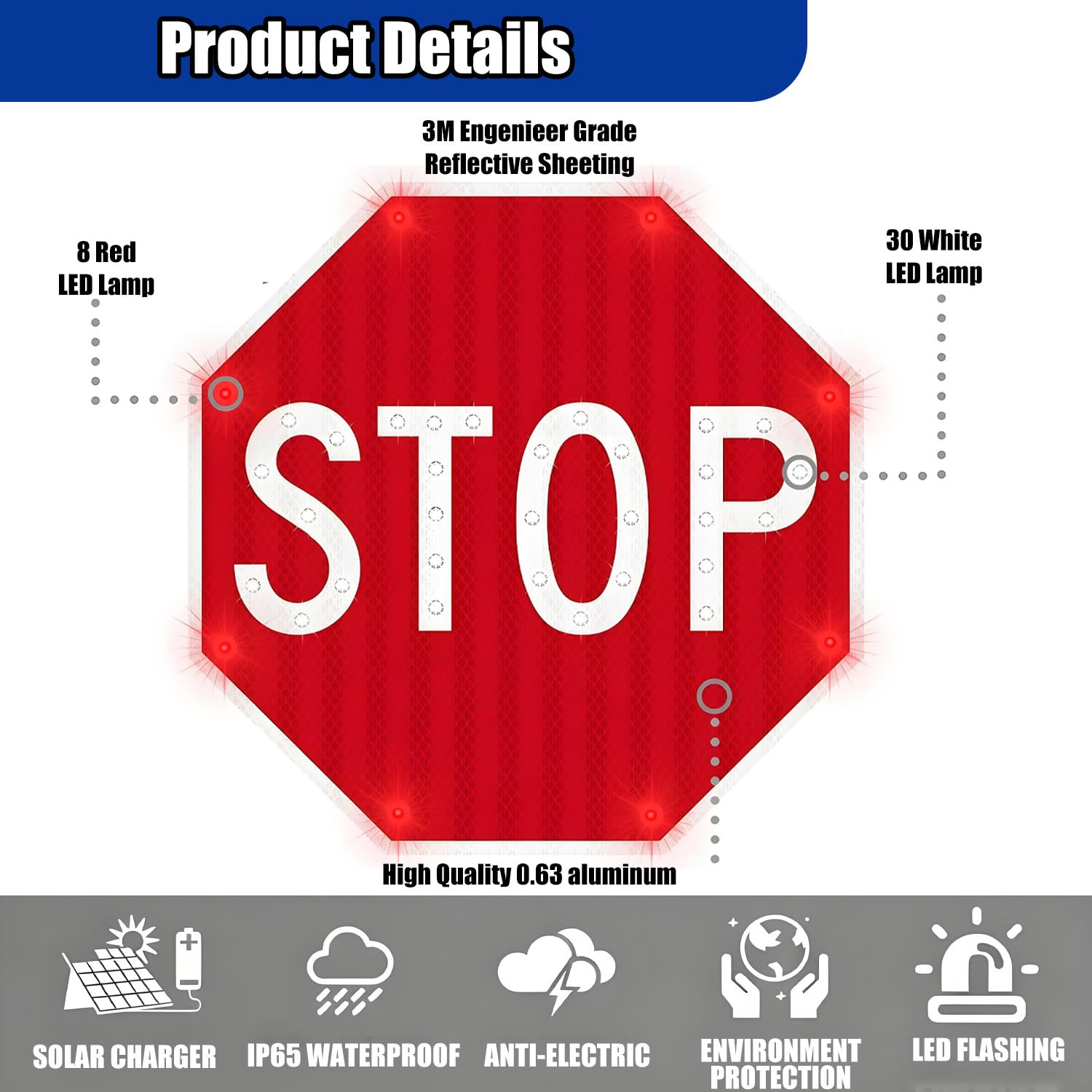 Señales de tráfico LED Intermitentes de 24"/30", señal de tráfico Octagonal de Aluminio, película Reflectante de Grado Industrial, para señales de tráfico iluminadas con luz LED. 24IN-2
