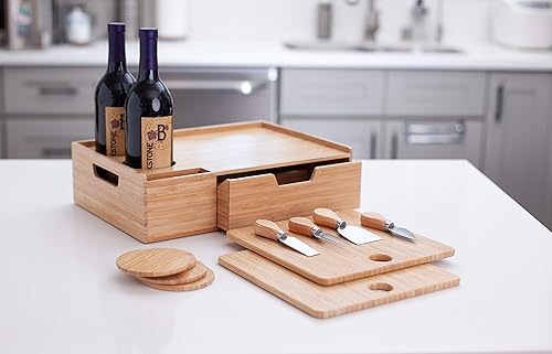 Miniatura 6 de Mobilevision Bandeja de bambú para servir vino y queso con cajón para almacenamiento adicional, incluye posavasos, cuchillos de queso, tablas de