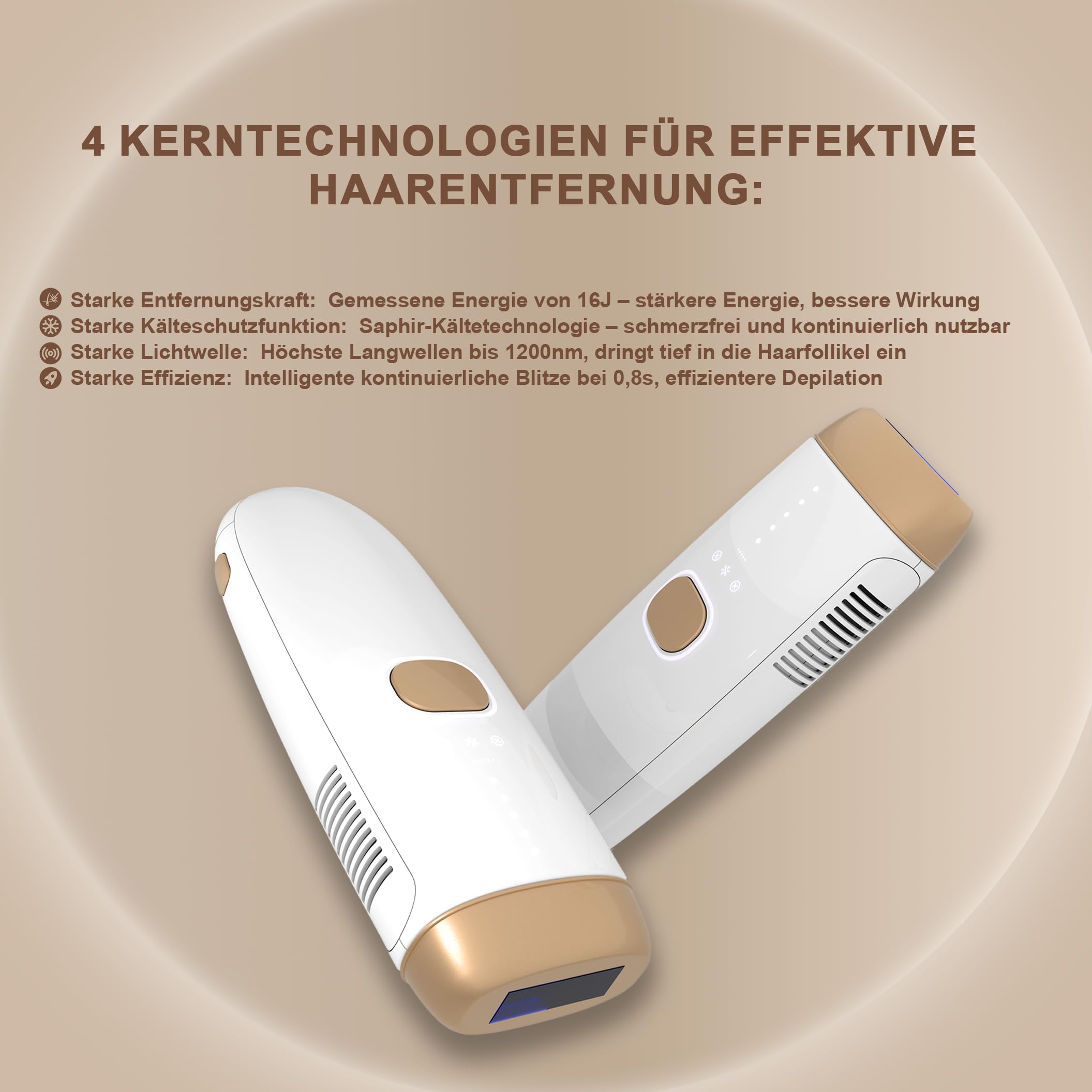 IPL Geräte Haarentfernung,Dauerhafte und Schmerzfreie IPL Haarentfernungsgerät mit Saphir-Eiskühlsystem, IPL Laser für Achseln, Beine, Bikinizone, Körper，Weiß & Rosegold