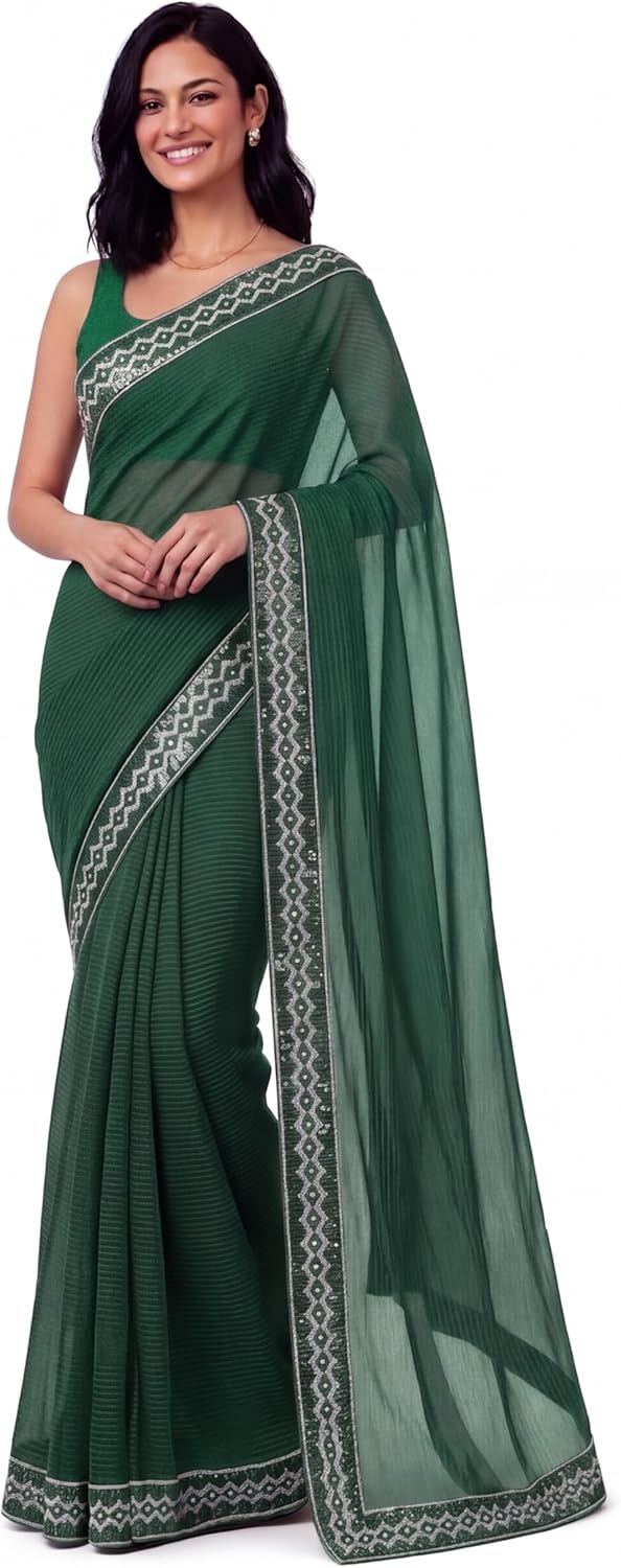 Women's Saree with Embroidered and Sequin Border, Ethnic Wear, Stiched blouse included
