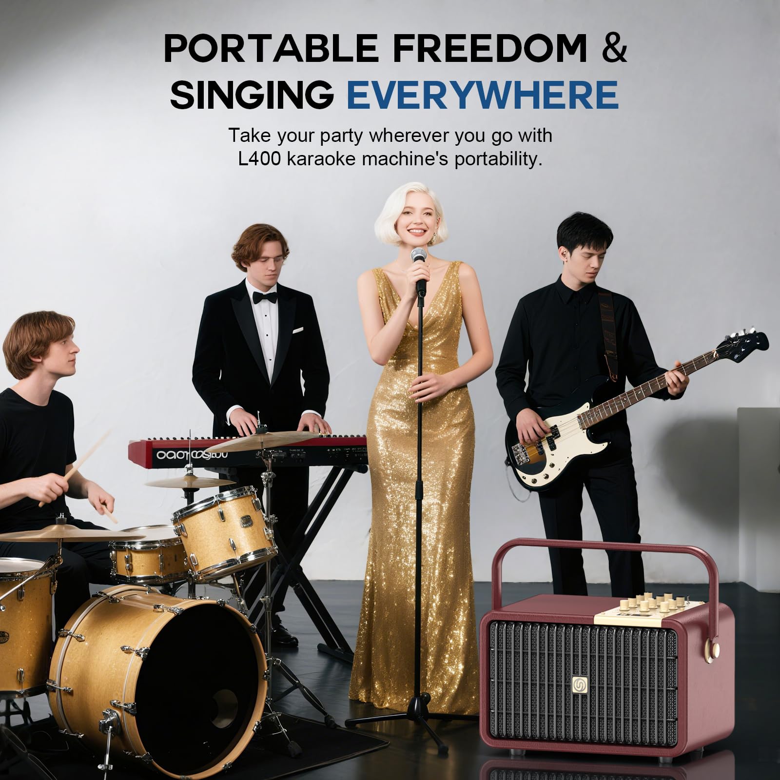 320W Potenza di Picco Macchina per Karaoke per Sistema di Cassa Portatile Bluetooth Regolazione Bassi/Acuti con 2 Microfoni Wireless UHF per Feste a Casa, Matrimoni, Eventi All'aperto