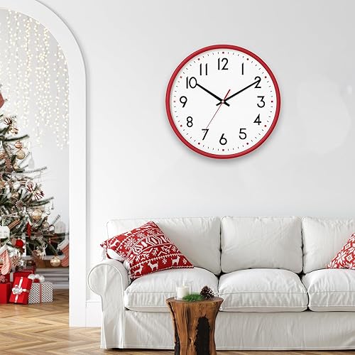 Miniatura 6 de HZDHCLH Reloj de pared rojo, silencioso, funciona con pilas, 8 pulgadas, moderno, analógico, sin tictac, decorativo, para cocina, dormitorio, sala