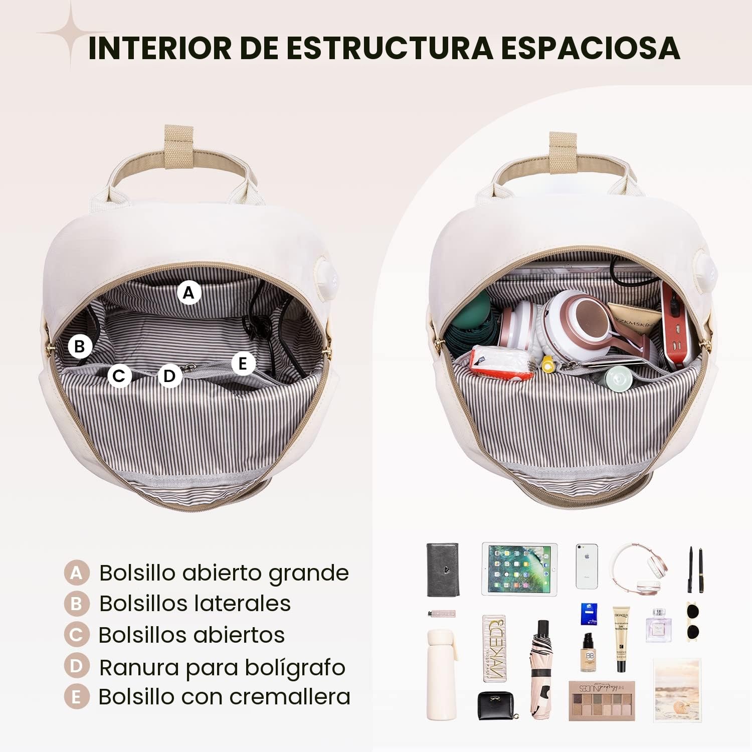 LOVEVOOK Mochila Mujer Pequeña, Bolso Mochila Viaje Antirrobo con Puerto de Carga USB, Impermeable Casual Mini Backpack para Oficina Universidad Compras Uso Diario, Caqui Beige