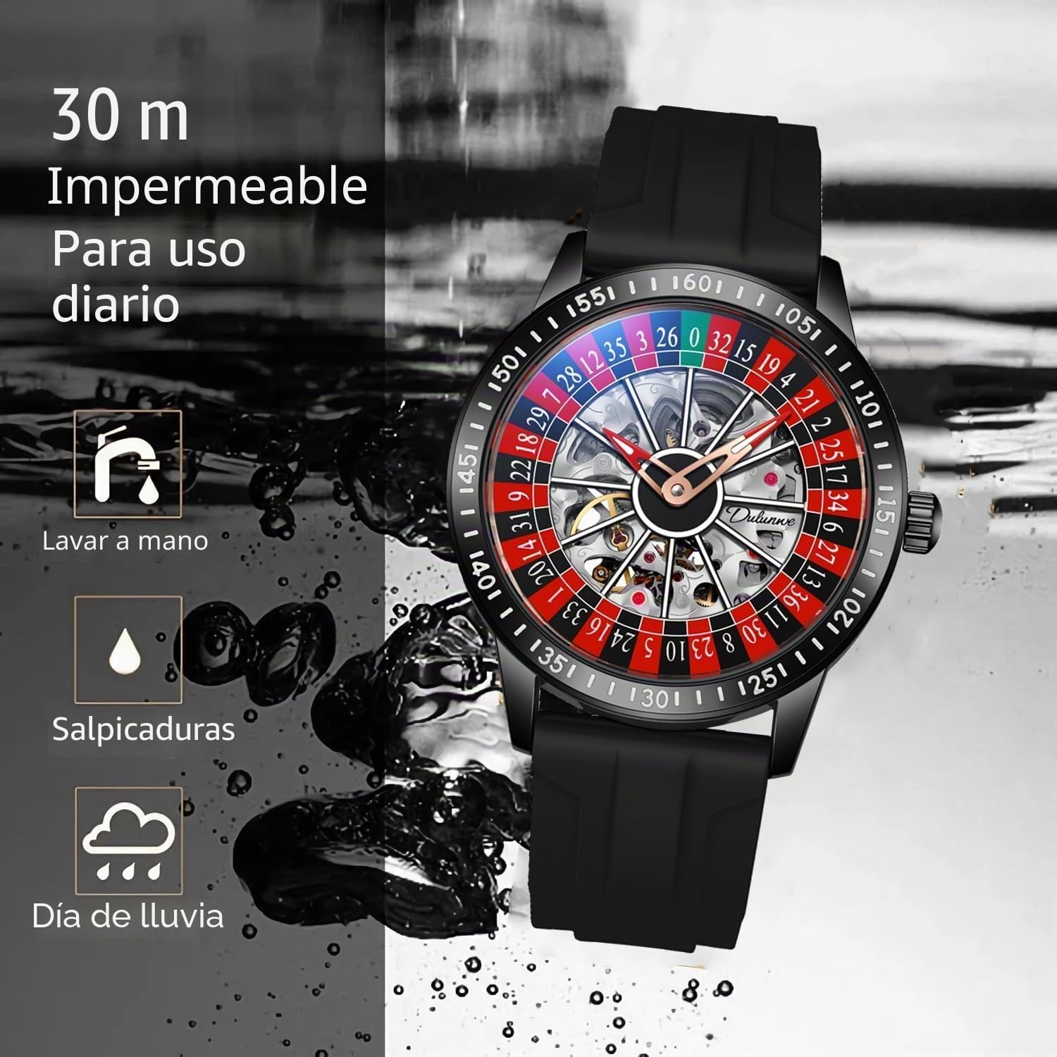 MASTOP Roulette Wheel Reloj mecánico automático para Hombre con Esfera giratoria y Esqueleto Hueco de Acero Inoxidable Impermeable