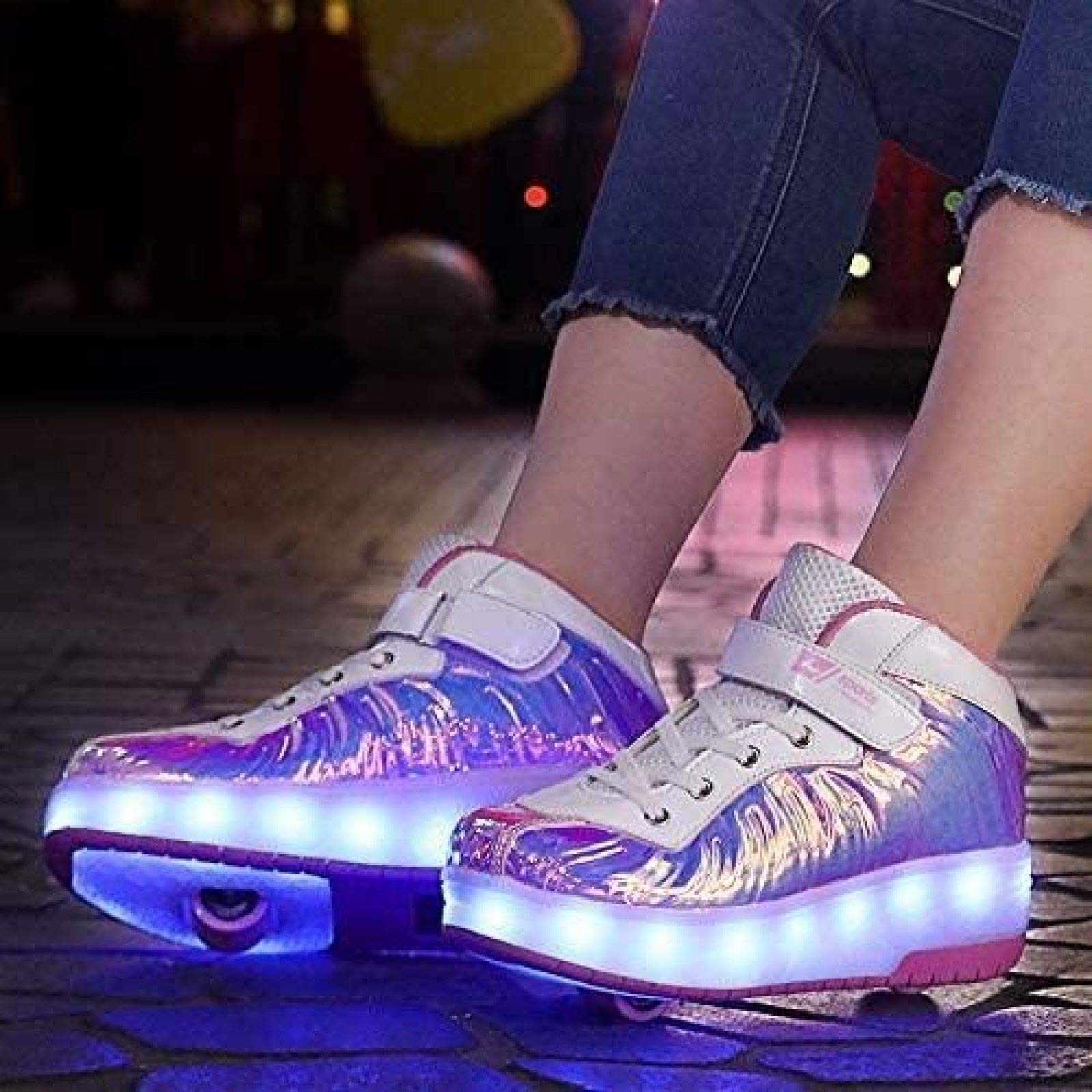 Zapatillas De Skate LED con Ruedas Dobles Zapatillas De Skate Zapatillas con Ruedas LED Niños Niños Niñas Gimnasia Al Aire Libre Zapatillas De Moda Técnica,Pink-35 EU