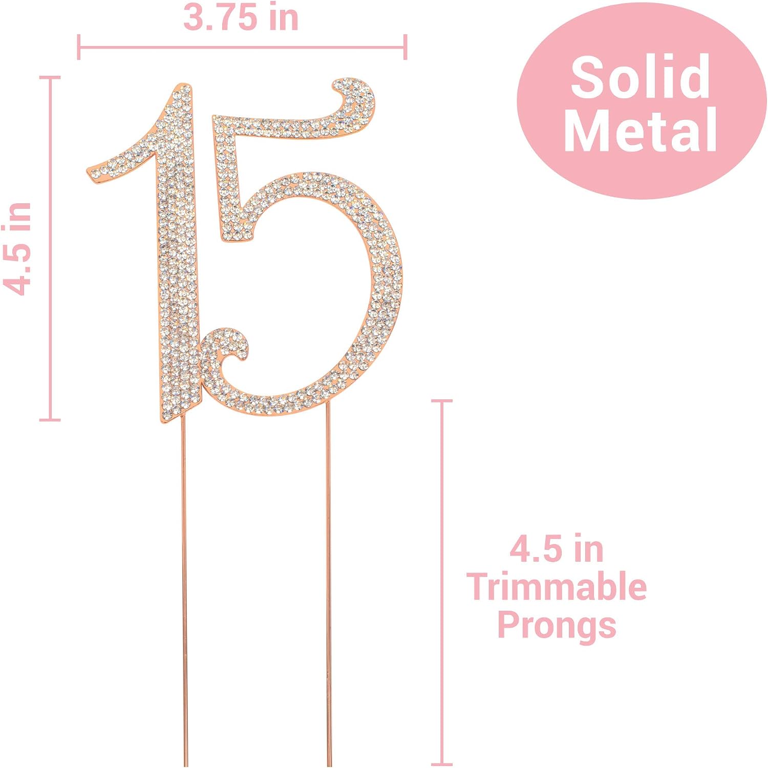 15 Cake Topper - Premium Rose Gold Metal - 15th Birthday or Anniversary Party - Sparkly Rhinestone Quinceanera Cake Topper Decoration Makes a Great Centerpiece - Now Protected in a Box