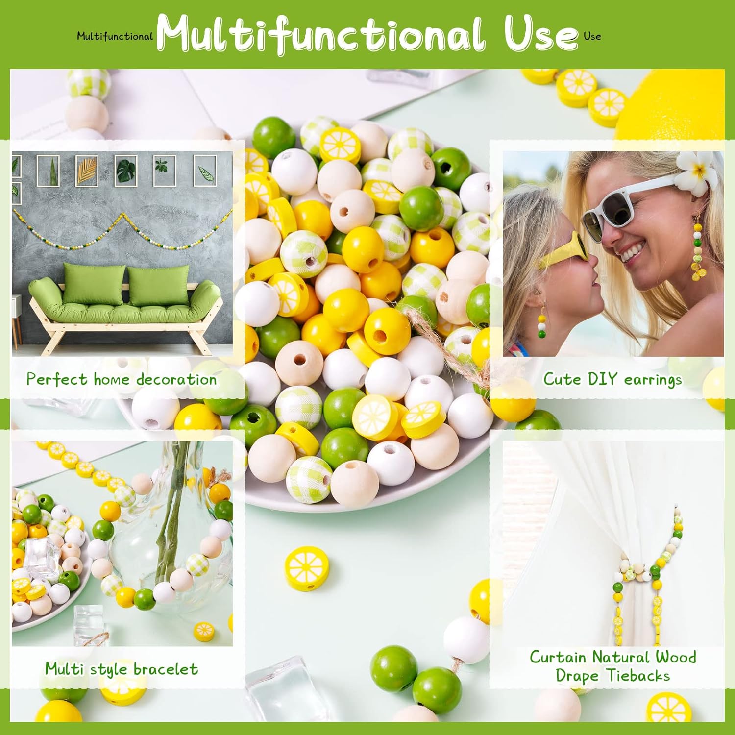 400 Pieces Wooden Beads, 16 mm Wood Beads for Crafts DIY Natural Heart Star Lemon Shaped Beads for Holiday Tiered Tray Table Home Decor with Rope and Tweezer(Fresh Style)