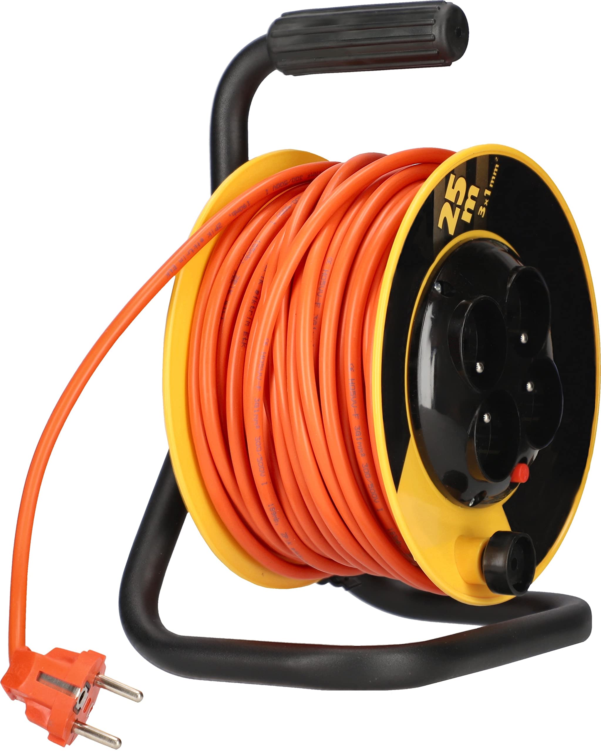 KOTARBAU® Avvolgicavo di prolunga 25 m, 3 x 1 mm2, tamburo con protezione dal calore, 4 livelli di messa a terra, utile per ogni casa, proprietà, officina, cantiere o appartamento