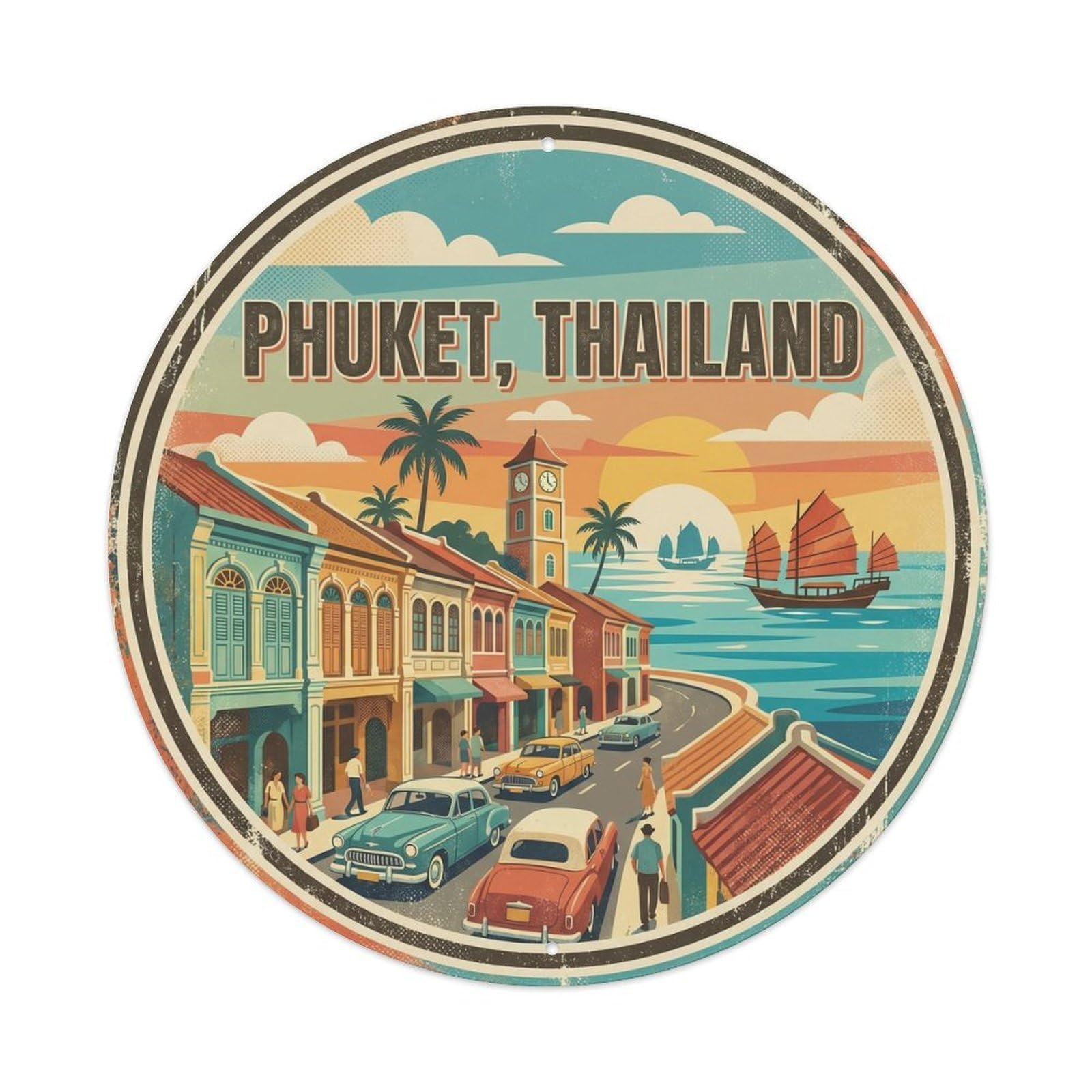 Phuket Old Town Sino Portuguese Architecture Coastal Vintage Metal Tin Sign Plaque Wall Decor for Cafe, Club Bar, Office, Garden Metal Poster 8x8Inch