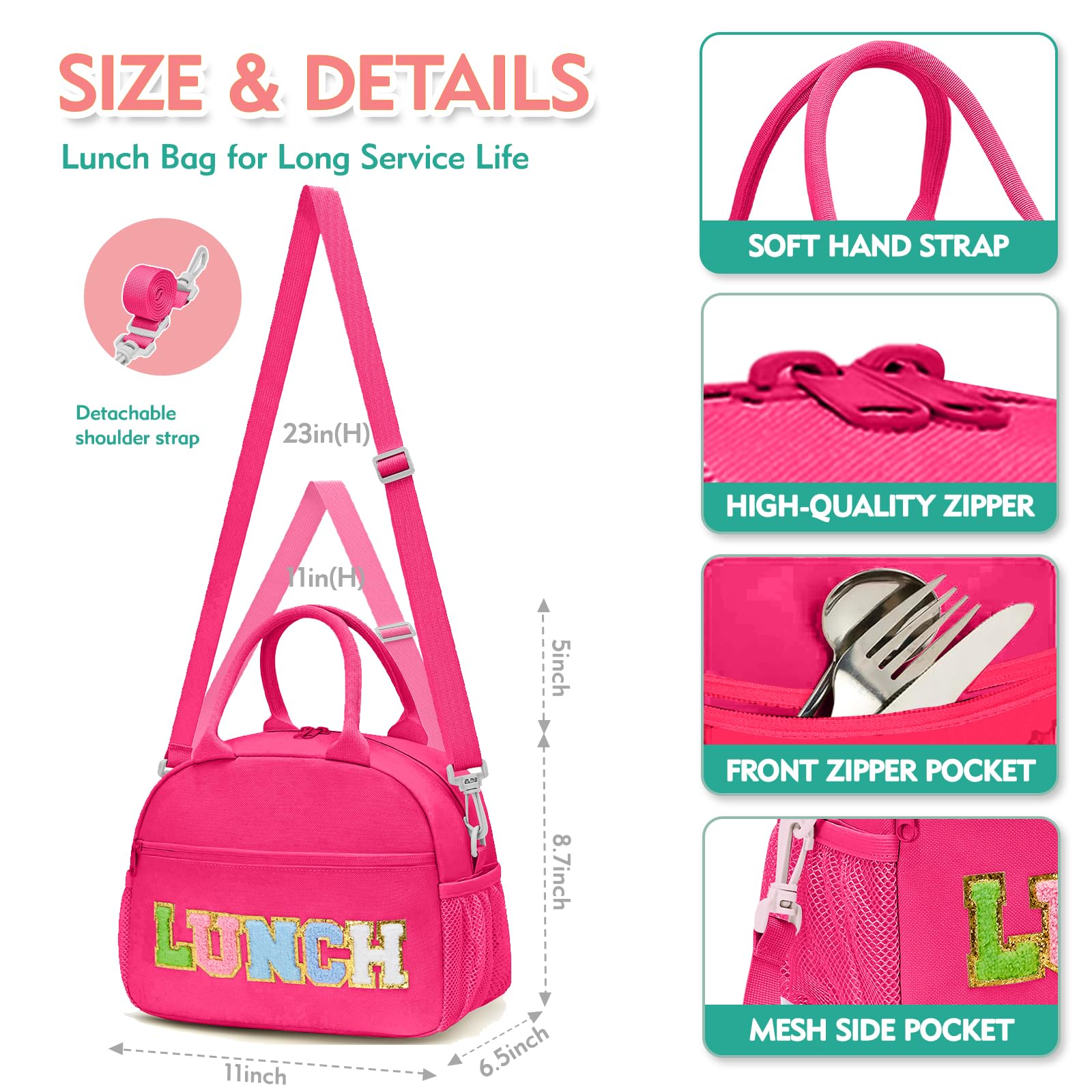 Beaulyn Lunch Bag for Women, Preppy Lunch Box for Girl, Large Insulated Lunch Bag with Adjustable Shoulder Strap, Reusable Lunch Tote Bag with Chenille Letter for Work School Picnic - Image 2