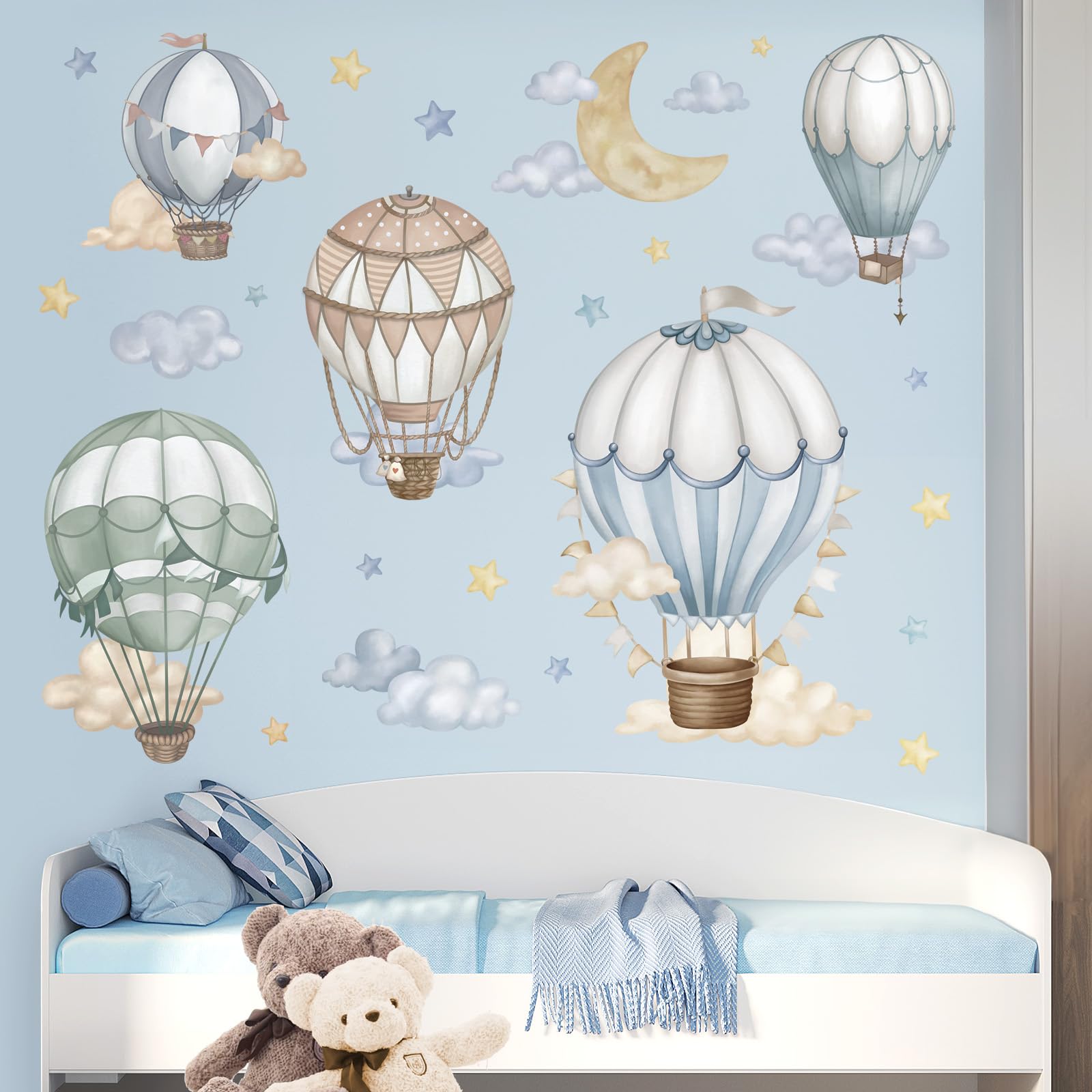wondever Watercolor Hot Air Balloon Wall Stickers Star Moon Cloud Balloons Peel and Stick Wall Art Decals for Baby Nursery Kids Bedroom - Image 3