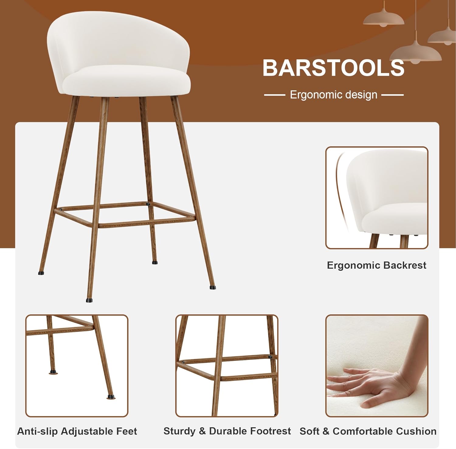 WENTMENT 24 inch Bar Stools Set of 4, Upholstered Barstools, Counter Height Bar Stools Modern Counter Stools for Kitchen Counter Island, White Walnut