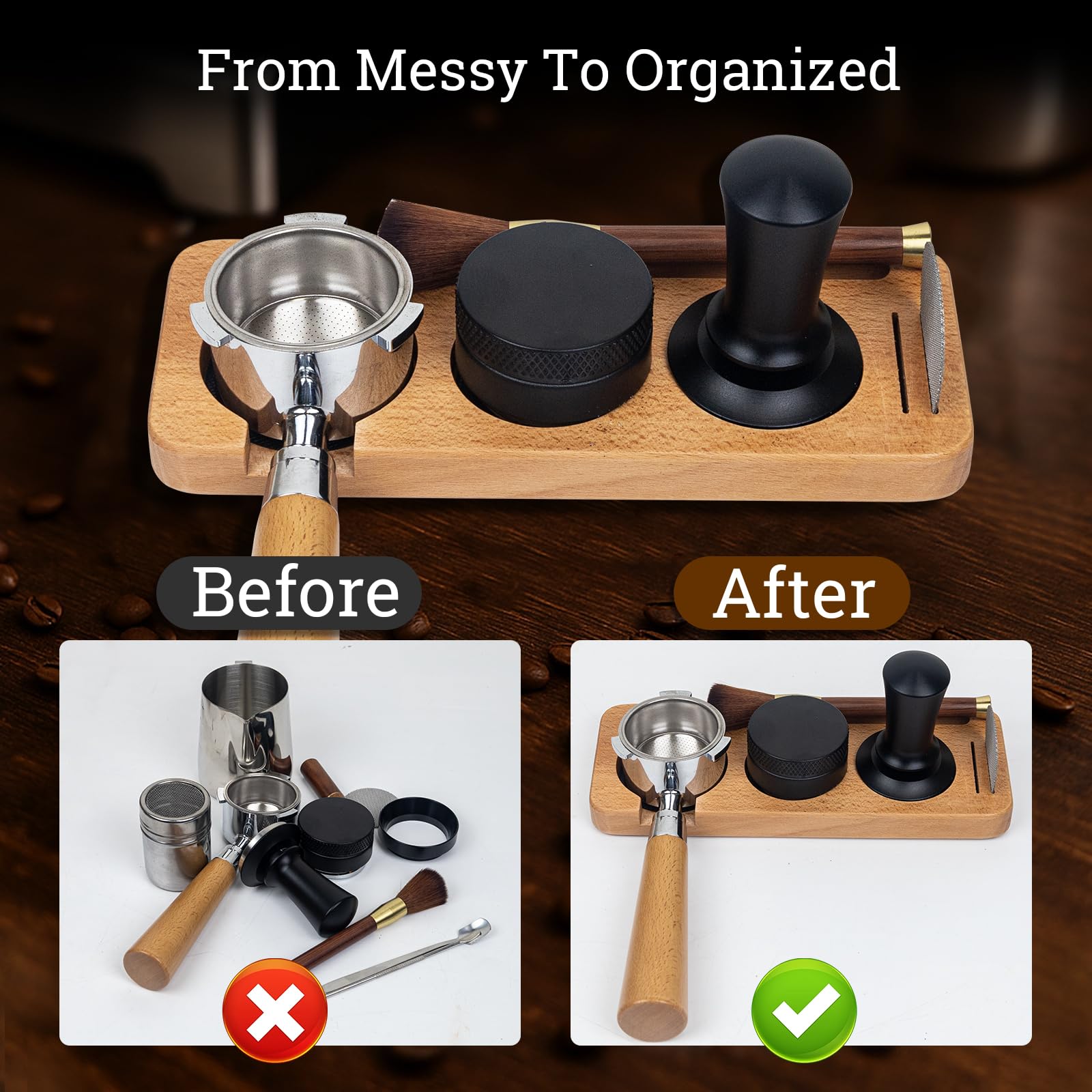 Espresso-Zubehör-Set, 54 mm, inklusive Holzstation, Verteiler, Klopfbox, Rührer, Dosiertrichter, Bürste, Pucksieb, Aufschäumkrug, Puderring, Handtuch, dekorative Schablonen, 29-teiliges Set