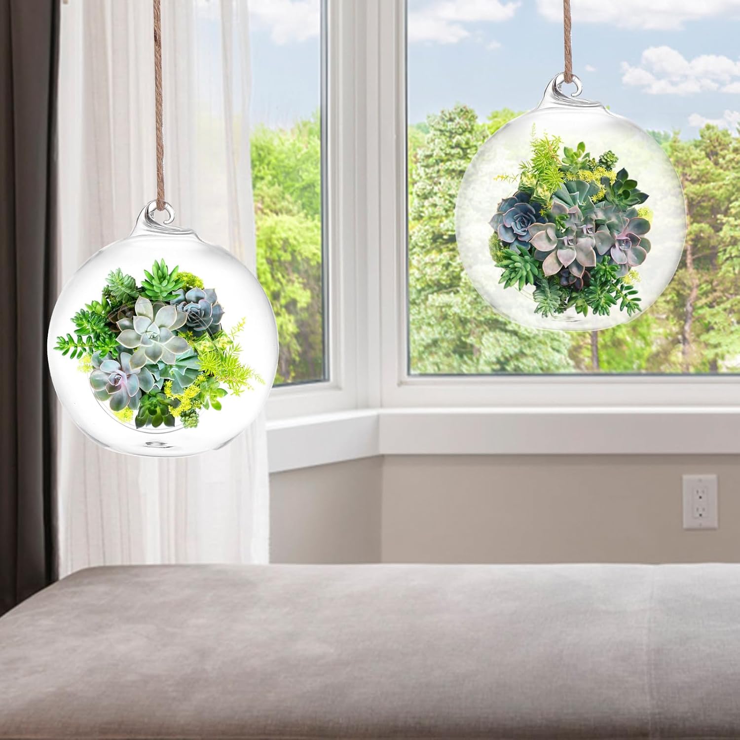 SUPVOX 6-Pack Hanging Glass Terrariums 4 Inch Orb Succulent Plant Holders with Rope for Indoor Outdoor Home Decor Tabletop and Wall Mounted Mini Garden Display