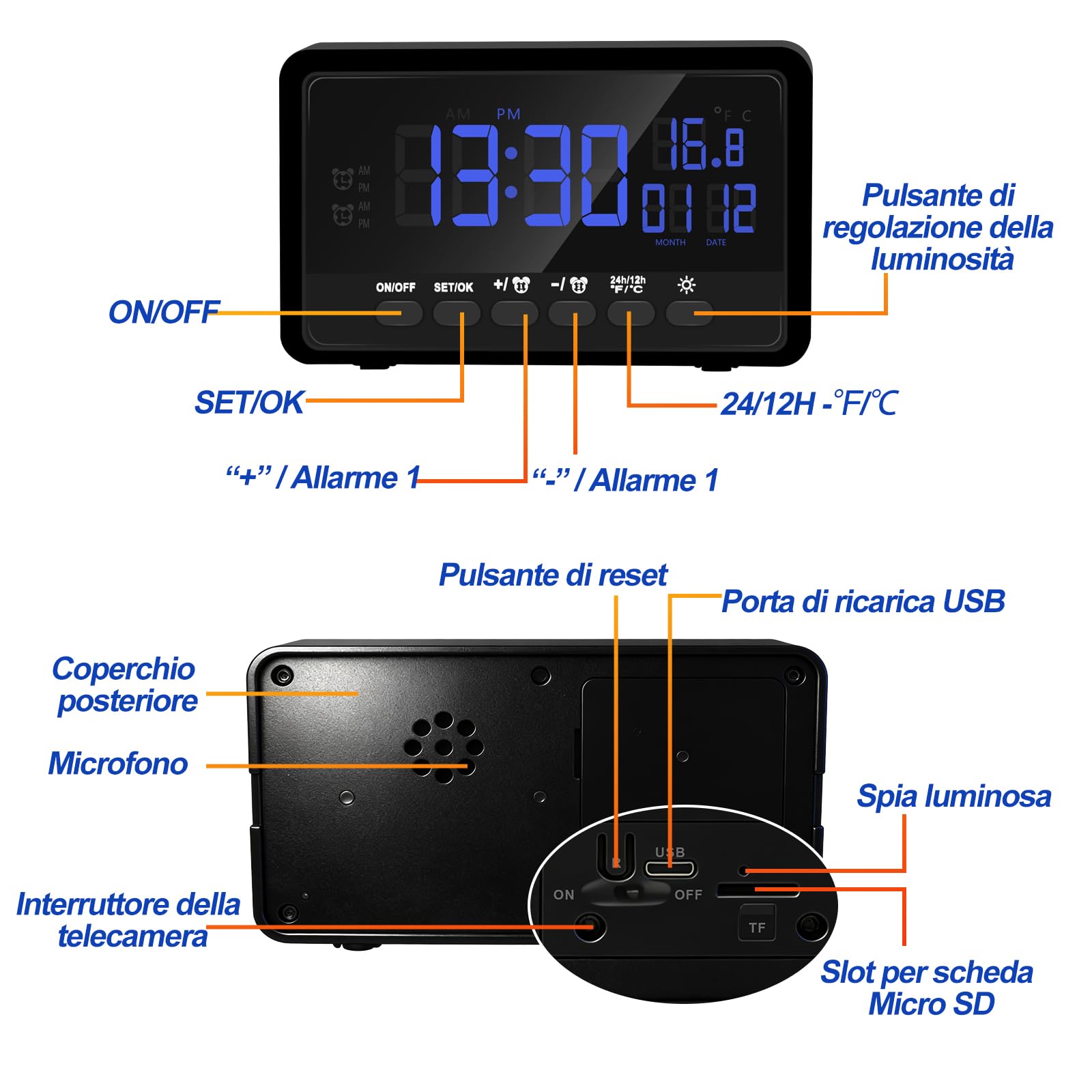 Mini Telecamera Spia Nascosta WiFi, 1080P, Visione Notturna | Dual-band 2.4/5 GHz, grandangolo 120°, rilevamento movimento, sveglia 2 in 1, luminosità, microSD 128 GB, invisibile