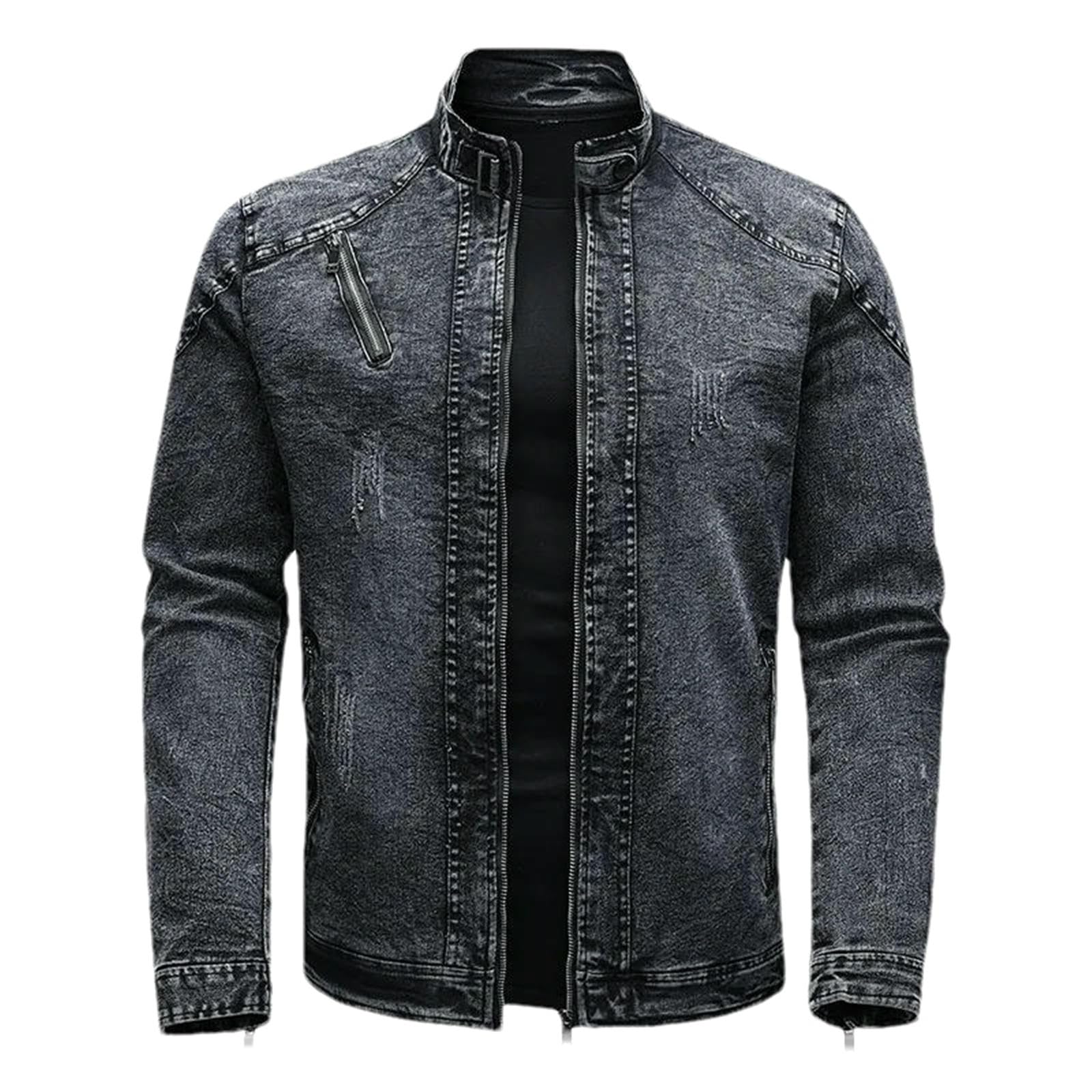 Kurtka dżinsowa męska retro zamki ze stójką dżinsowe płaszcze męskie bawełniane slim fit kurtka dżinsowa Moto Biker odzież wierzchnia