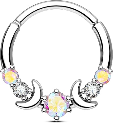 CM Crareesi Mania Septum Ring 316L Stainless Steel Septum Jewelry 10mm Moon Phase Septum Piercing Jewelry for Women AB CZ Daith Earrings